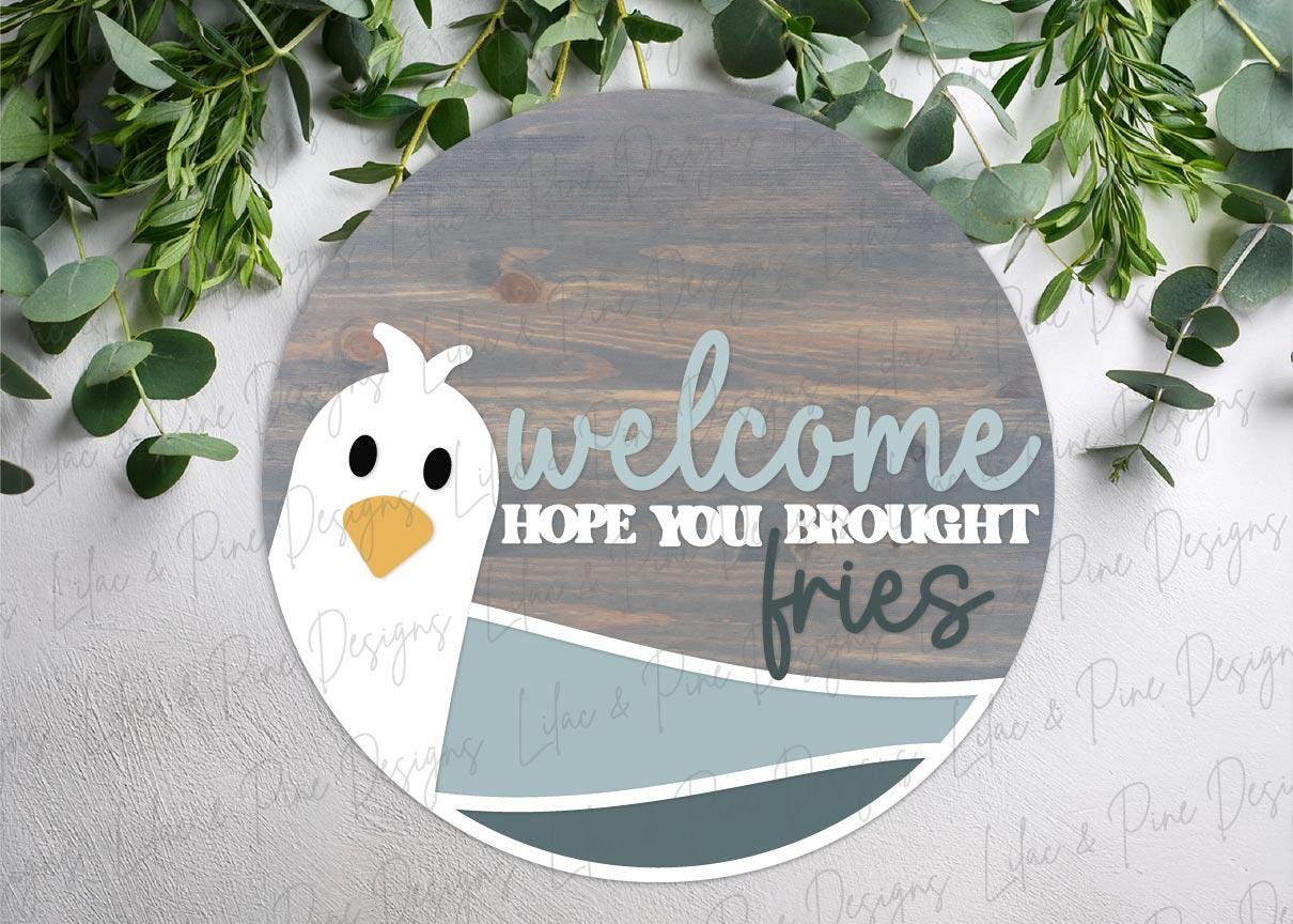 Funny Seagull door hanger SVG, French fries welcome sign, summer sign SVG, beach decor, lake house, Glowforge, laser cut file, Cricut SVG