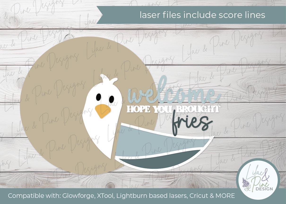 Funny Seagull door hanger SVG, French fries welcome sign, summer sign SVG, beach decor, lake house, Glowforge, laser cut file, Cricut SVG