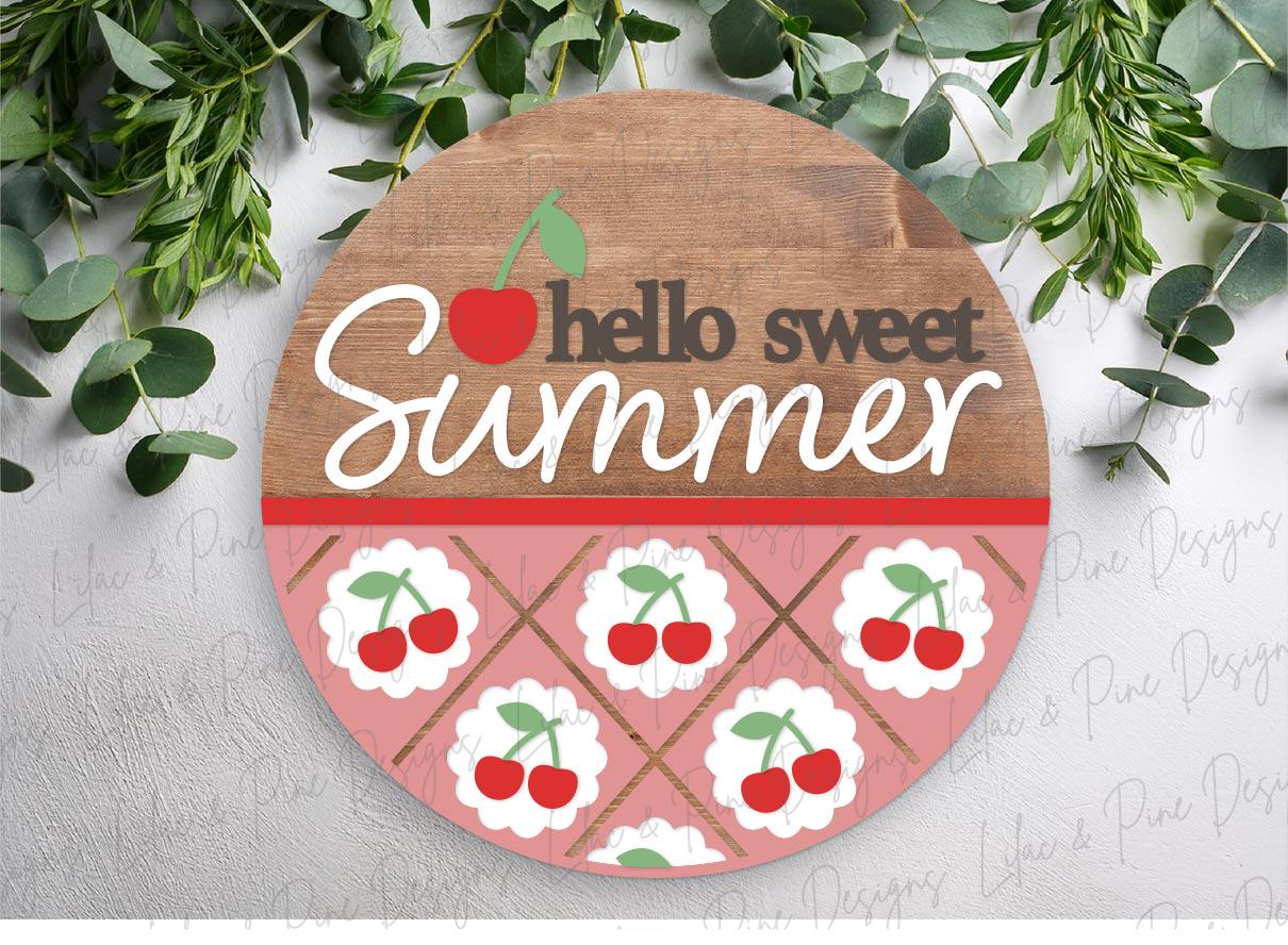 hello sweet summer door hanger SVG, cherry welcome sign, cherries porch decor, Glowforge SVG, laser cut file, Cricut SVG, digital download