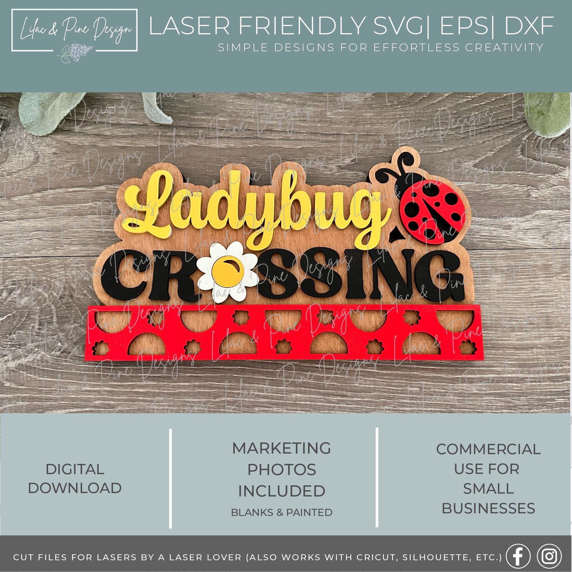 Ladybug crossing SVG, summer mini sign, ladybug chunky shelf sitter SVG, gardening SVG, Glowforge Svg, laser cut file, digital download