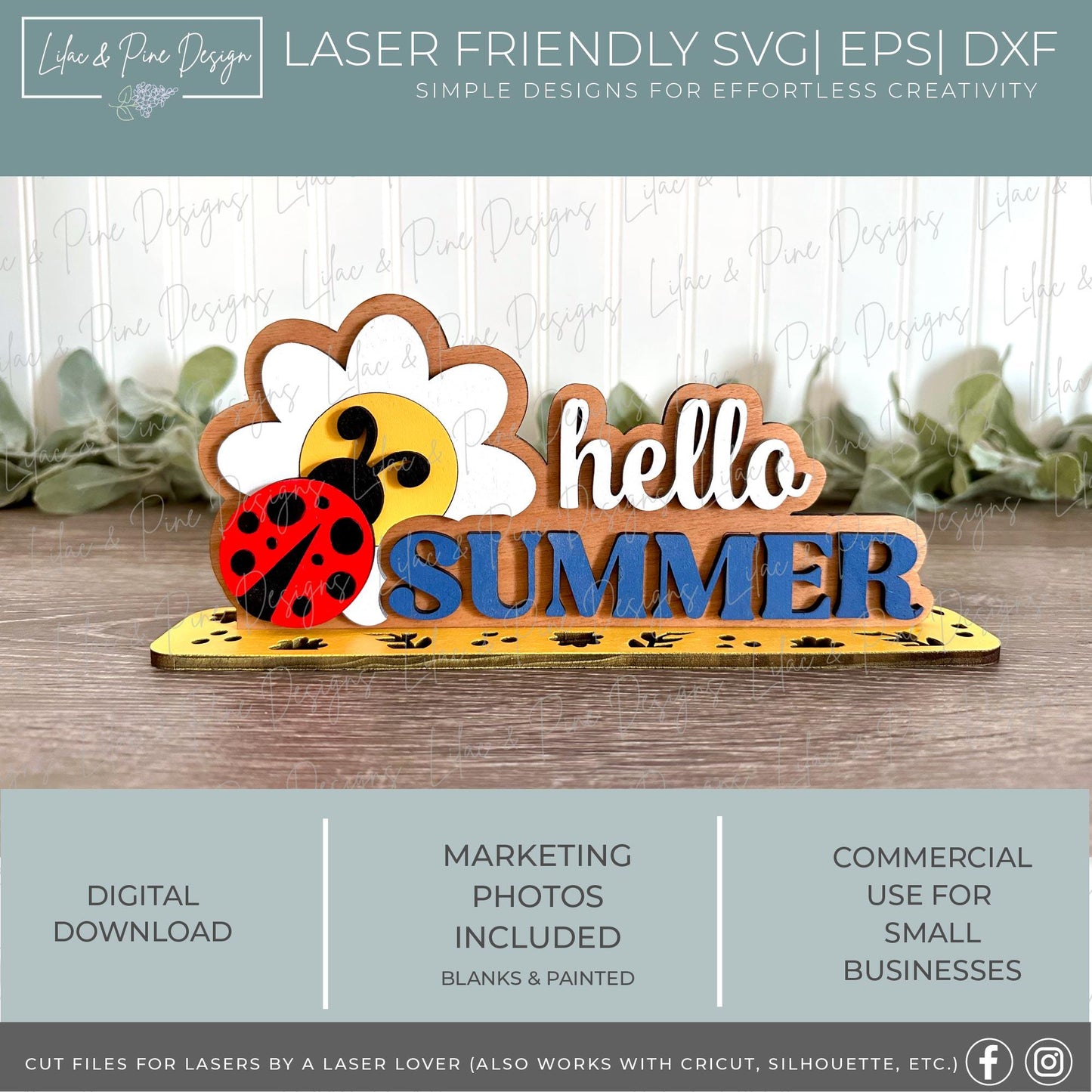 Ladybug shelf sitter SVG, hello summer sign, ladybug shelf sign SVG, word art SVG, Glowforge Svg, laser cut file, digital download
