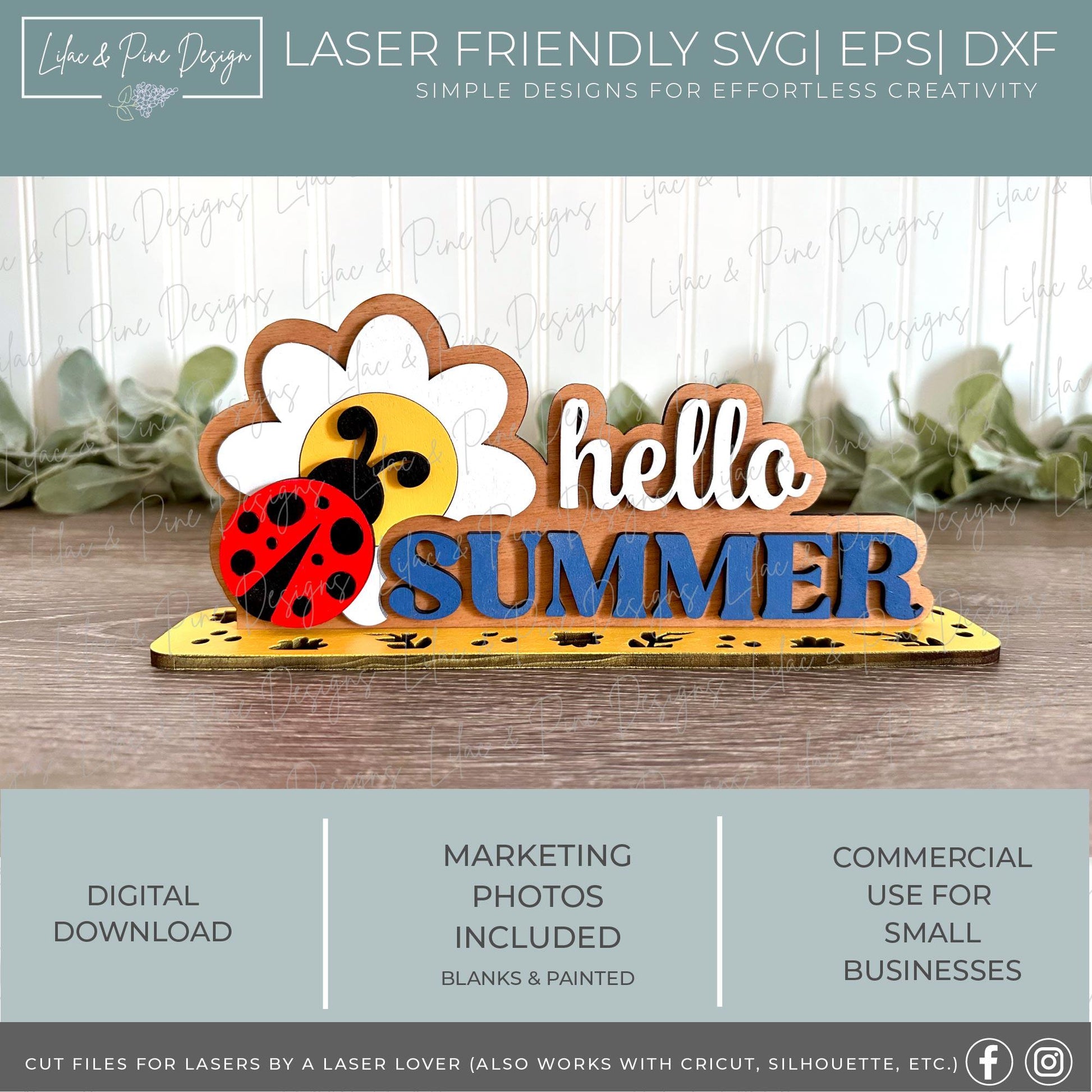 Ladybug shelf sitter SVG, hello summer sign, ladybug shelf sign SVG, word art SVG, Glowforge Svg, laser cut file, digital download