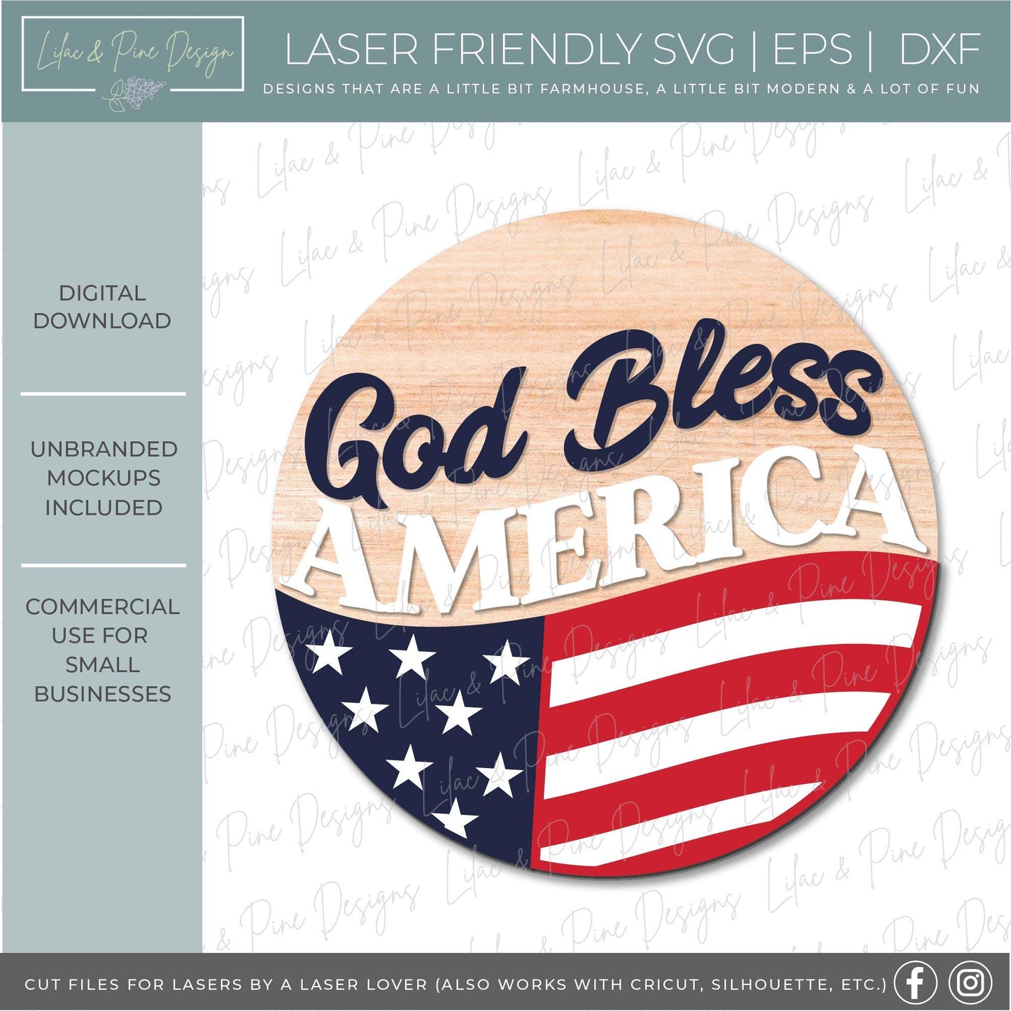 God Bless America door hanger SVG, US flag welcome sign svg, patriotic round sign, 4th of July sign, Glowforge, laser cut file, Cricut SVG