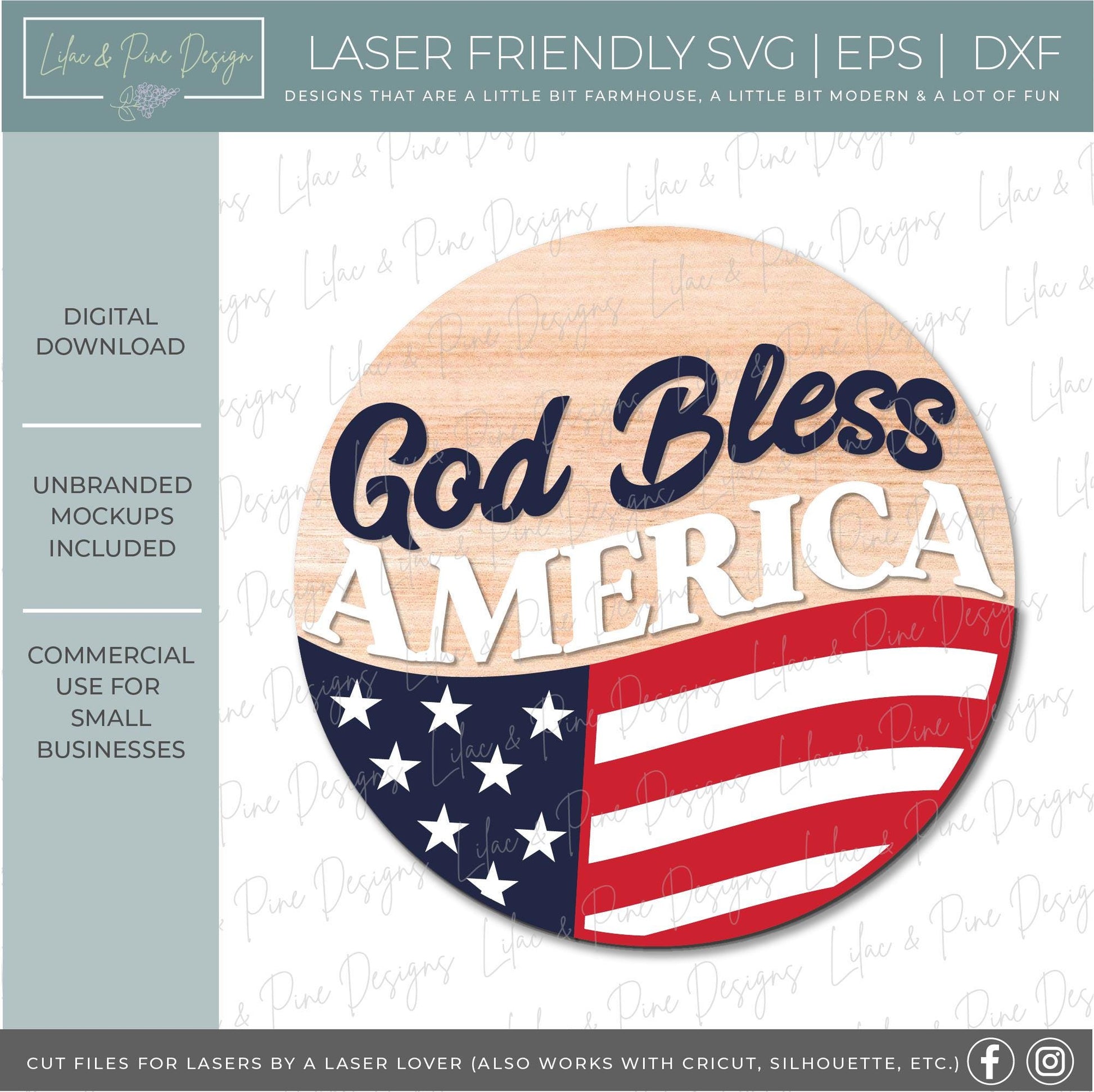 God Bless America door hanger SVG, US flag welcome sign svg, patriotic round sign, 4th of July sign, Glowforge, laser cut file, Cricut SVG