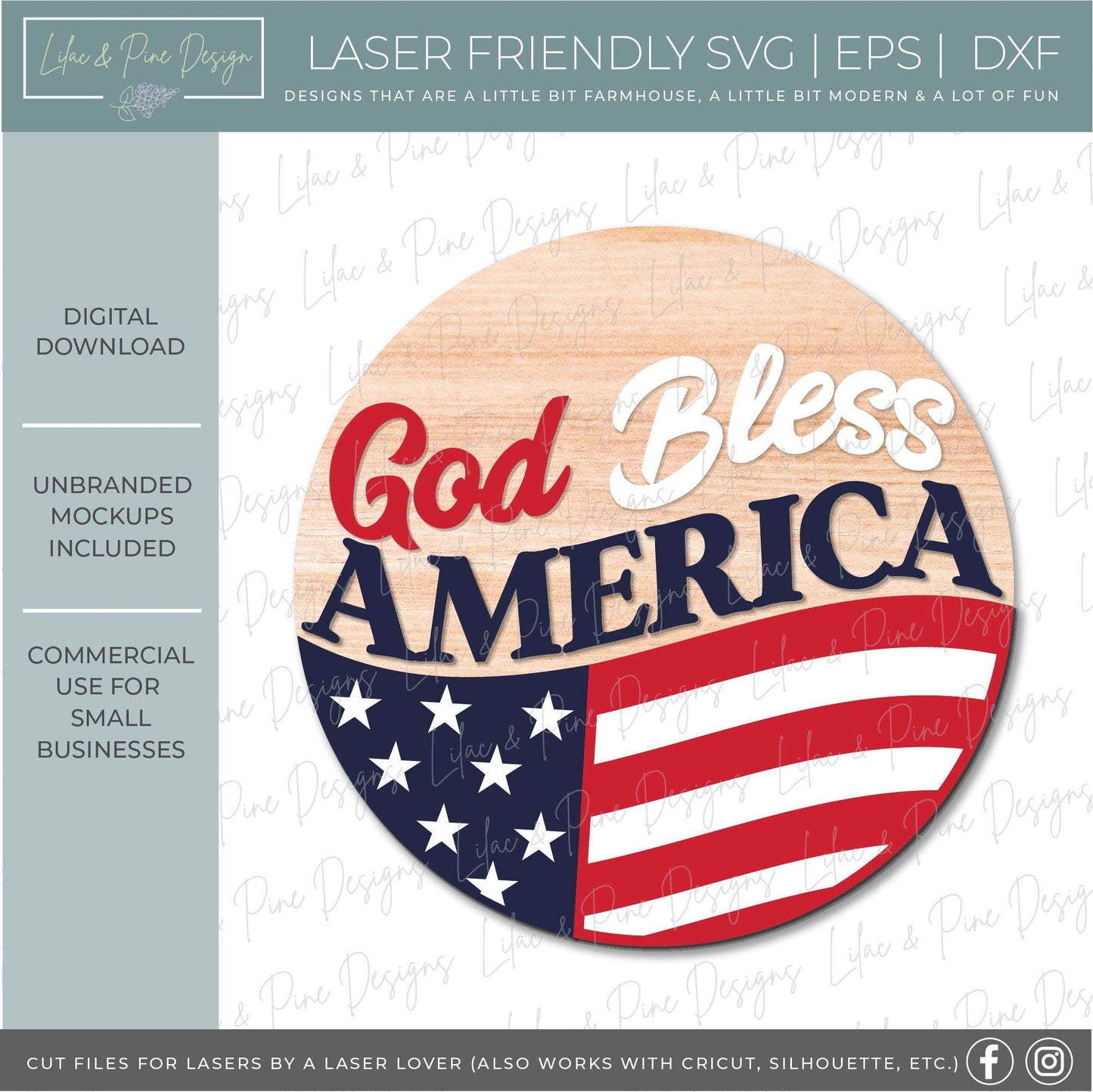 God Bless America door hanger SVG, US flag welcome sign svg, patriotic round sign, 4th of July sign, Glowforge, laser cut file, Cricut SVG