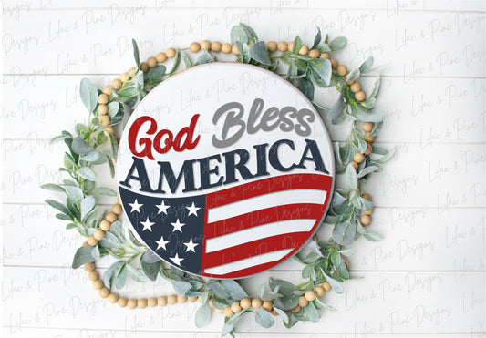 God Bless America door hanger SVG, US flag welcome sign svg, patriotic round sign, 4th of July sign, Glowforge, laser cut file, Cricut SVG