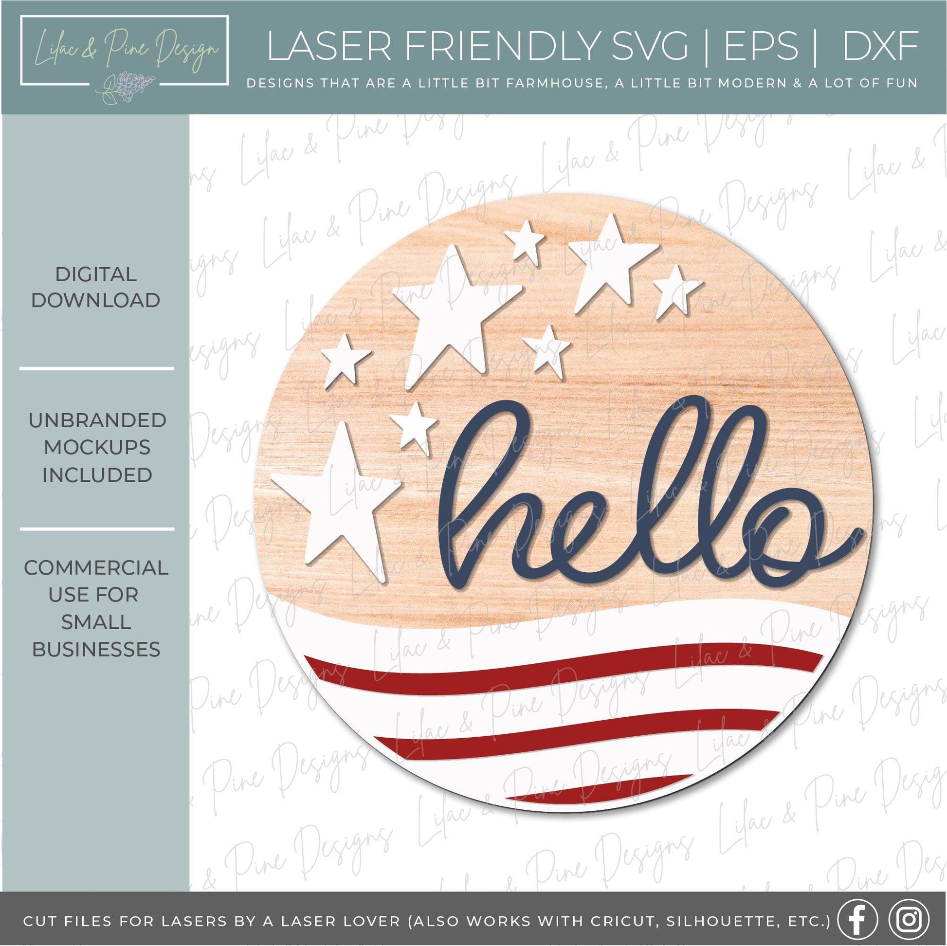 4th of July welcome sign SVG, Stars and Stripes sign svg, patriotic round sign, hello door hanger SVG, Glowforge, laser cut file, Cricut SVG