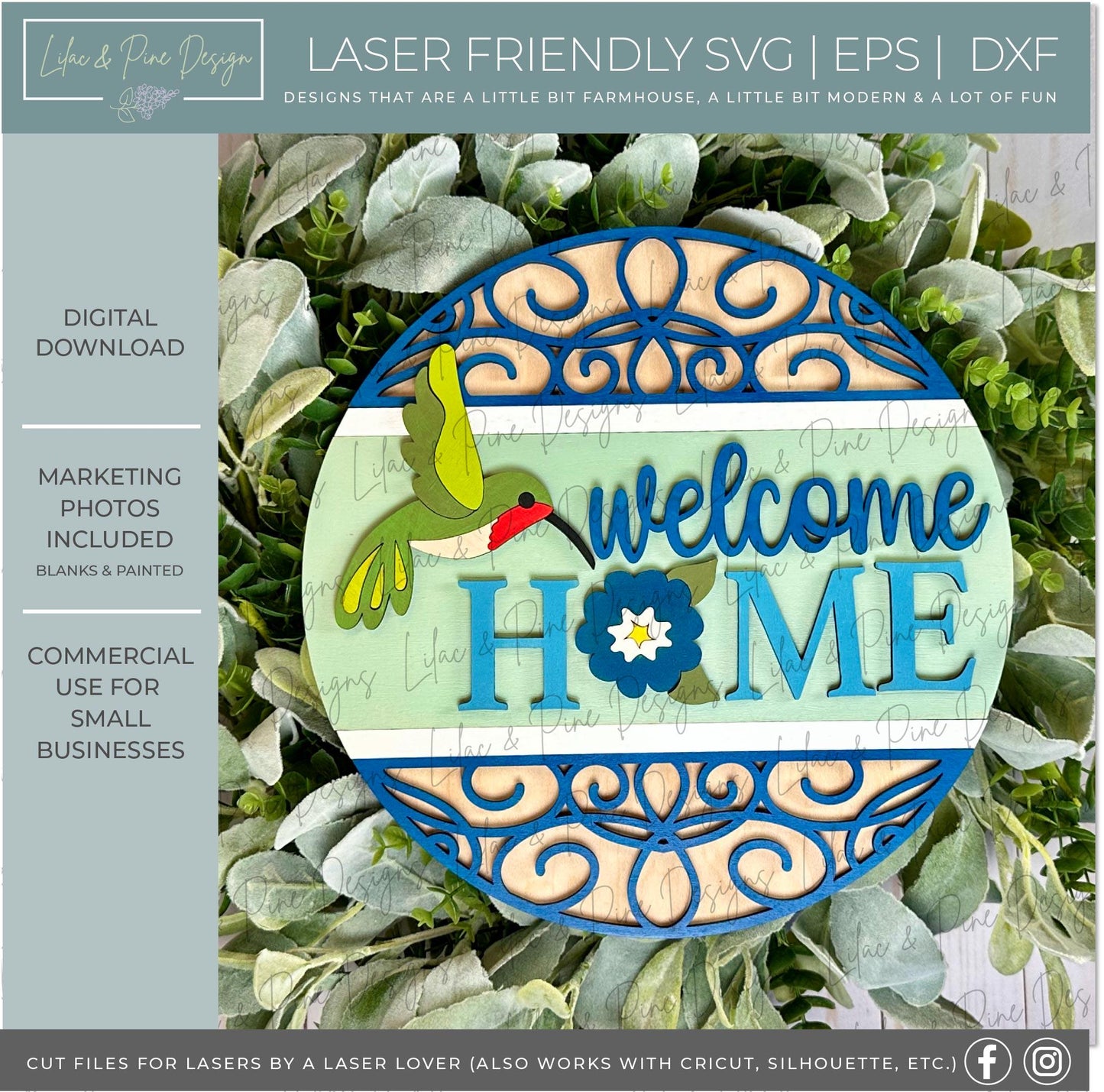 hummingbird door hanger SVG, welcome home SVG, summer bird sign svg, floral svg, Glowforge Svg, laser cut file, Cricut SVG, digital download