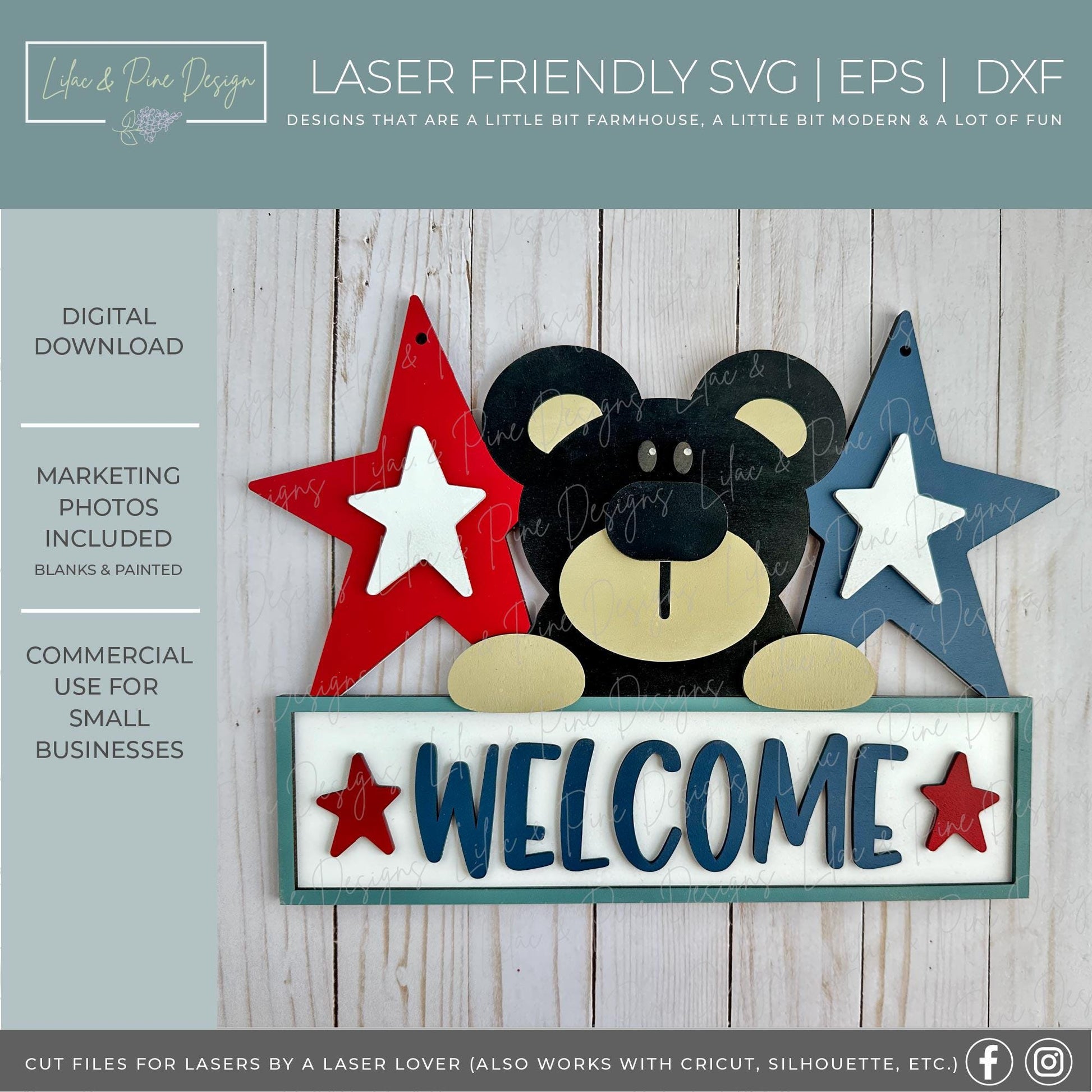 4th of July welcome sign SVG, patriotic bear sign svg, folk art style Independence Day sign SVG, door hanger SVG, Glowforge, laser cut file
