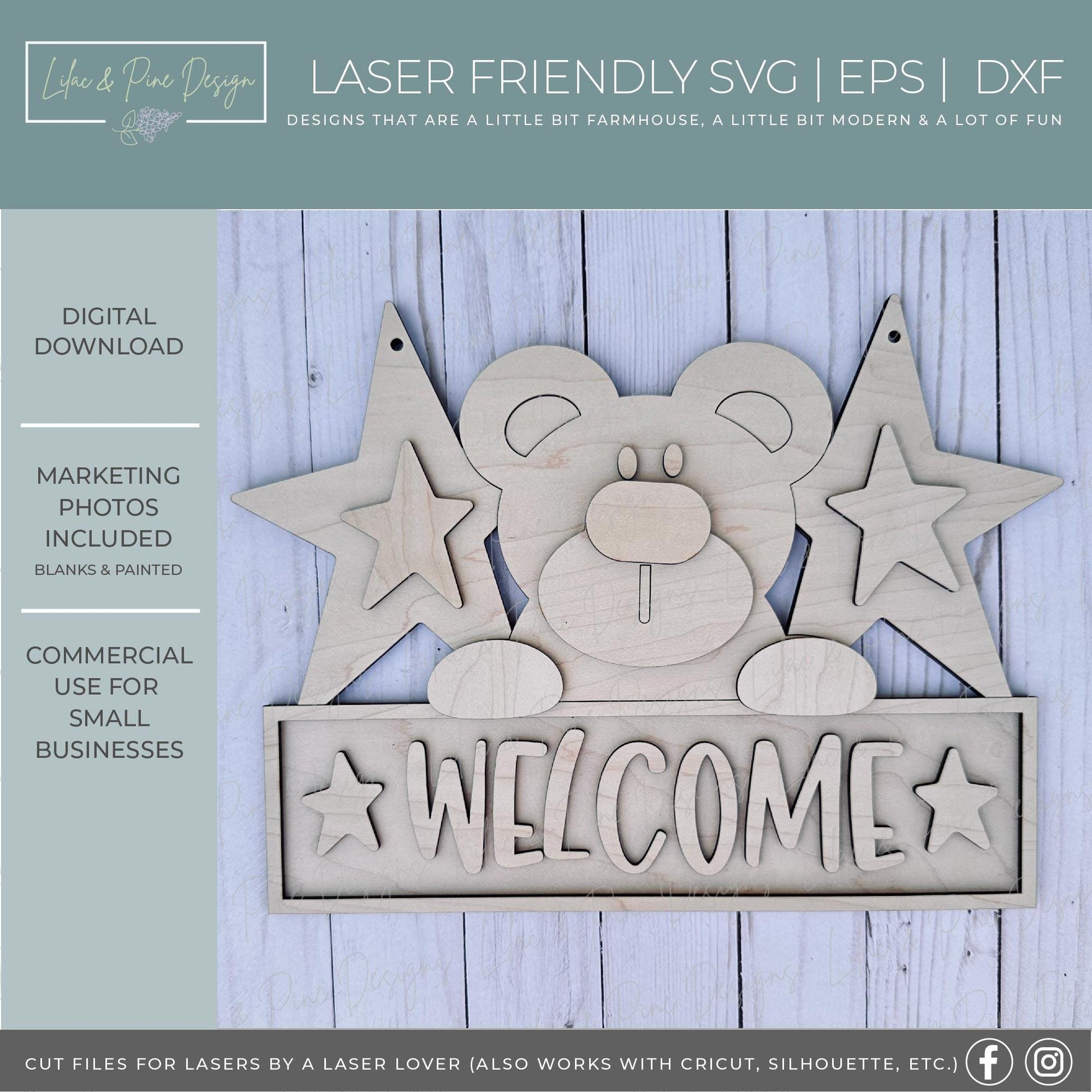 4th of July welcome sign SVG, patriotic bear sign svg, folk art style Independence Day sign SVG, door hanger SVG, Glowforge, laser cut file