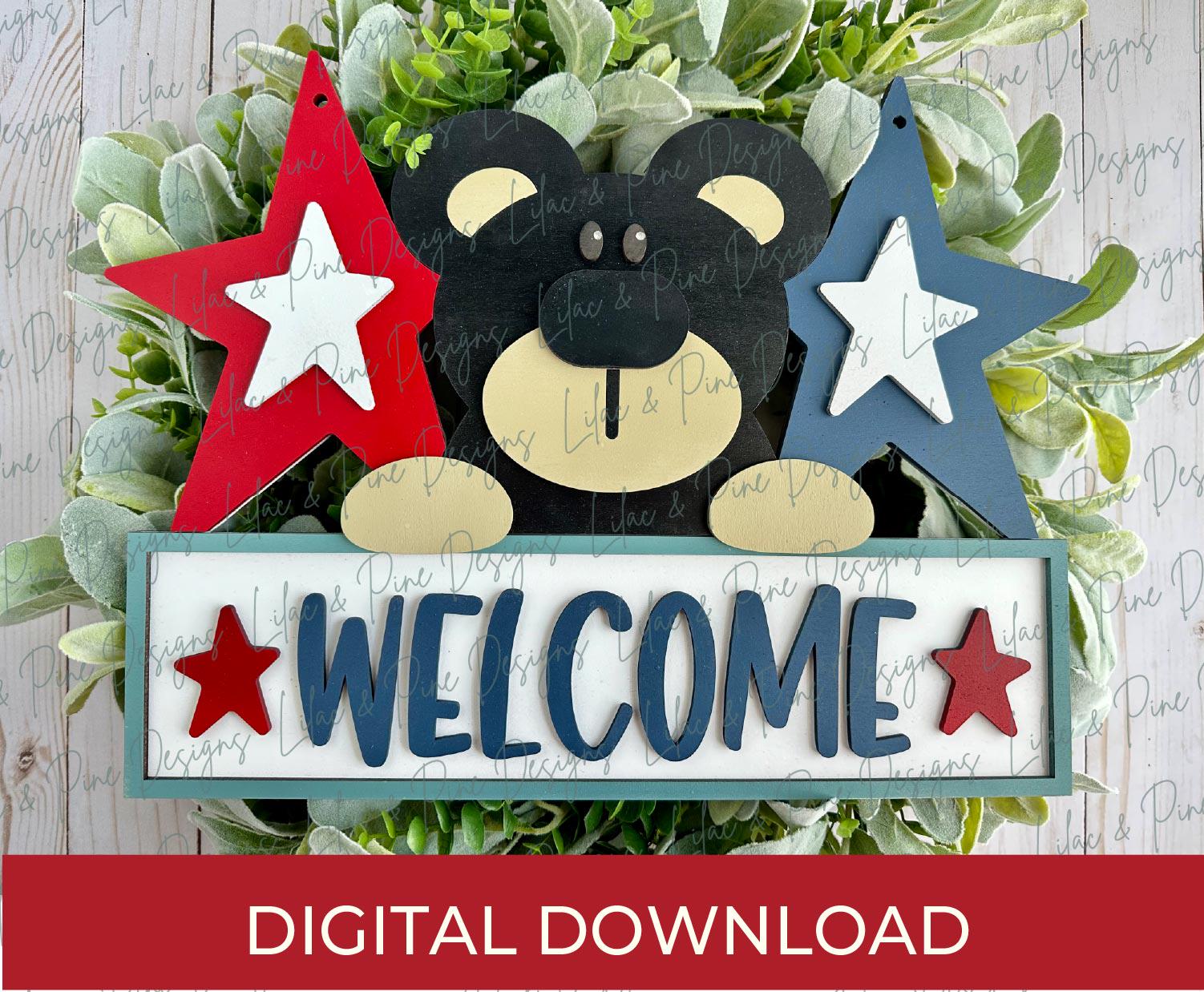 4th of July welcome sign SVG, patriotic bear sign svg, folk art style Independence Day sign SVG, door hanger SVG, Glowforge, laser cut file