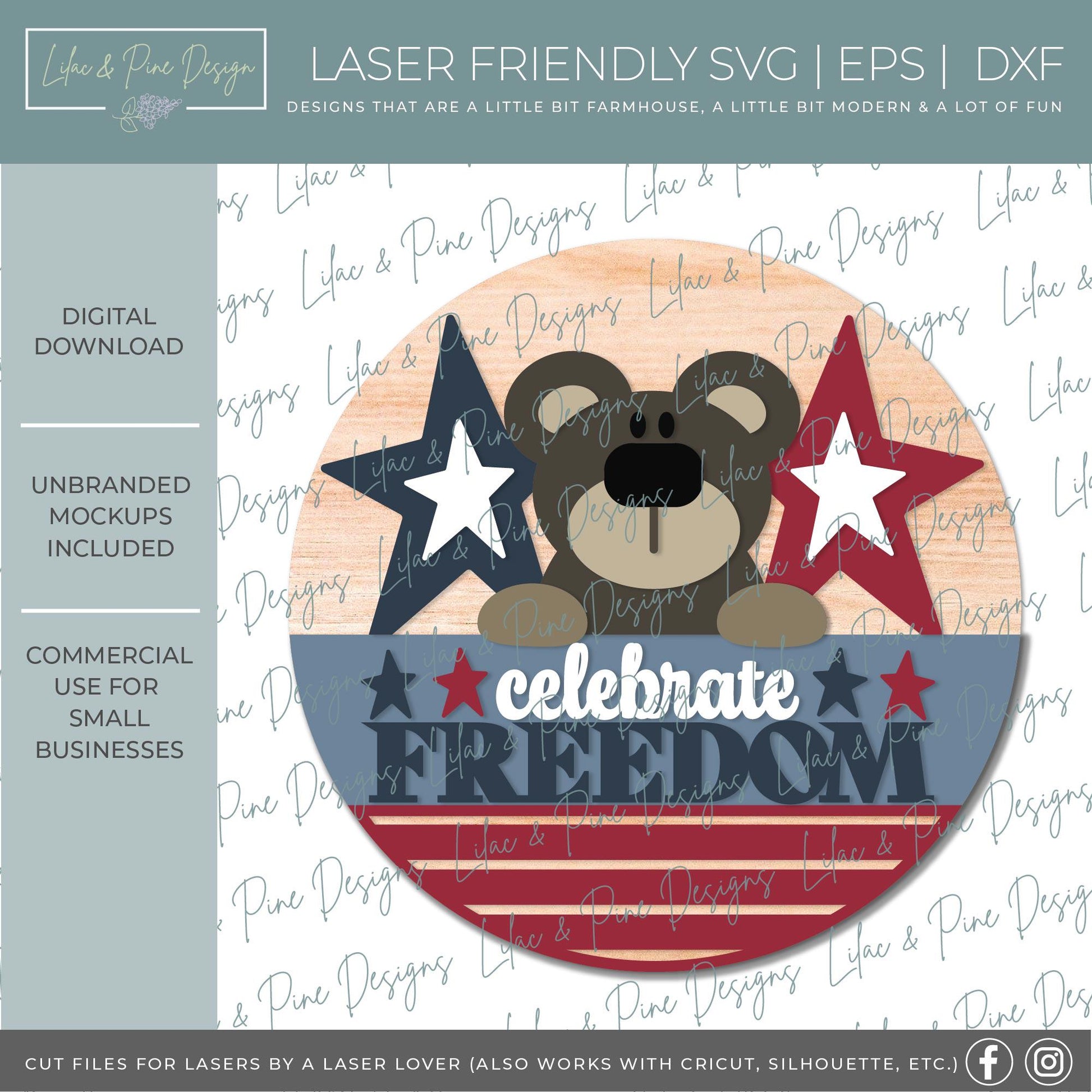 4th of July welcome sign, patriotic bear SVG, folk art, celebrate freedom SVG, Independence Day door hanger SVG, Glowforge, laser cut file
