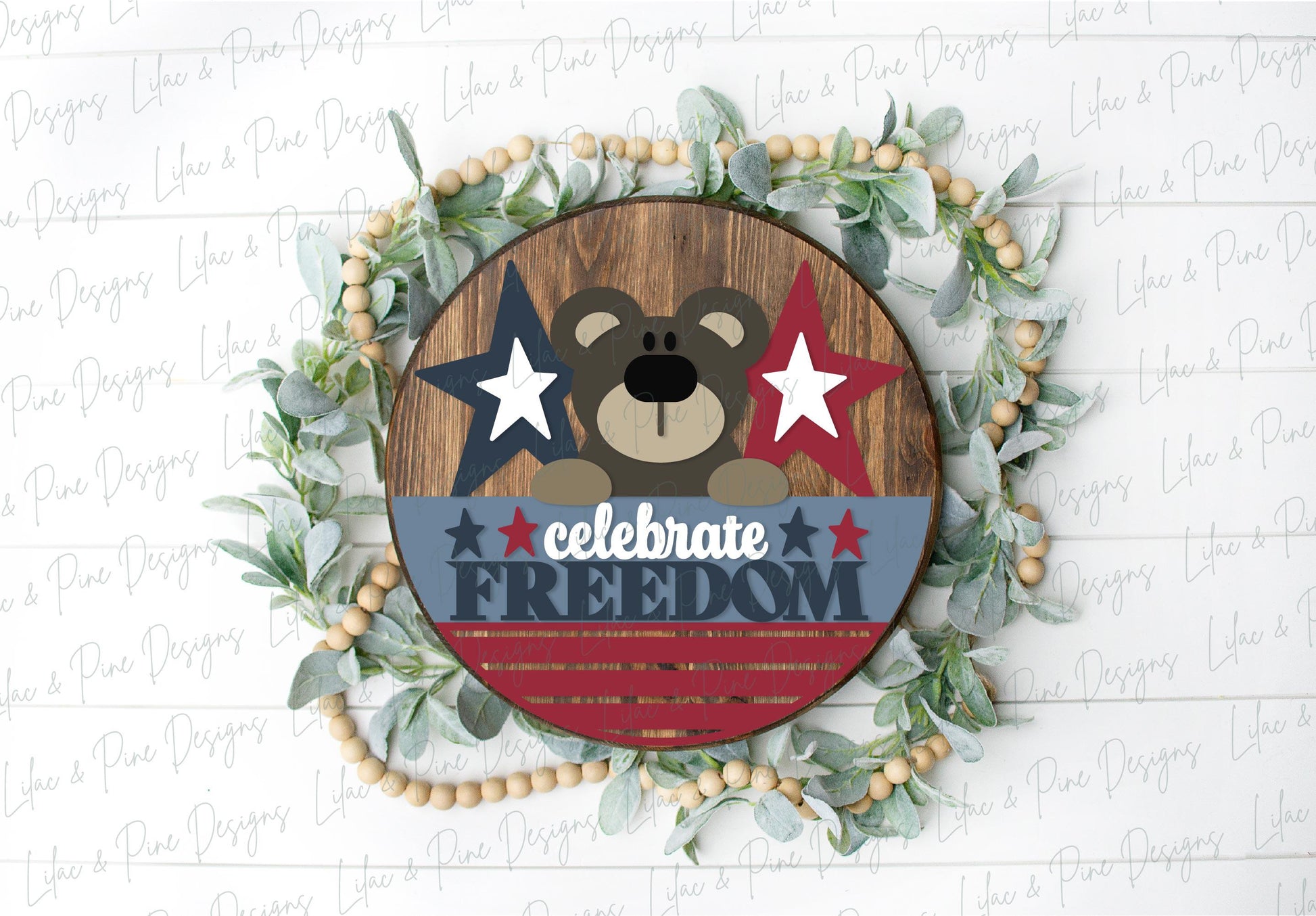 4th of July welcome sign, patriotic bear SVG, folk art, celebrate freedom SVG, Independence Day door hanger SVG, Glowforge, laser cut file