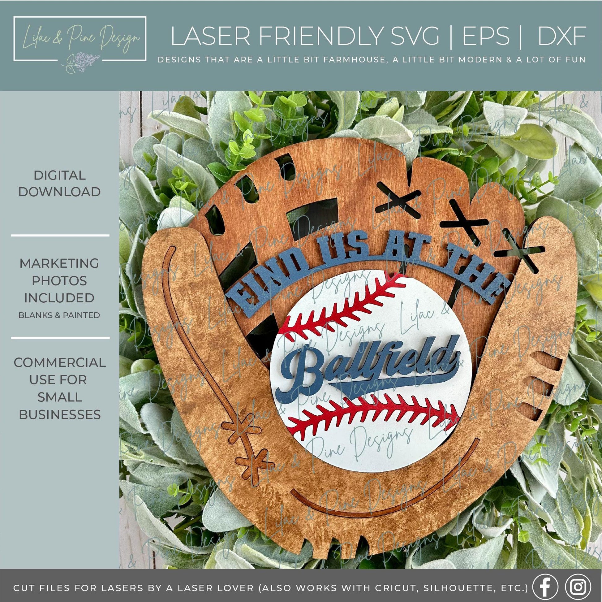 Find us at the Ball field SVG, Baseball welcome sign, ball and glove door hanger, Glowforge SVG, ball park sign, door hanger, laser cut file
