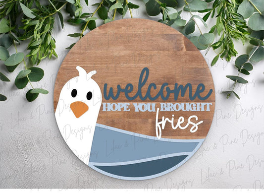 Funny Seagull door hanger SVG, French fries welcome sign, summer sign SVG, beach decor, lake house, Glowforge, laser cut file, Cricut SVG