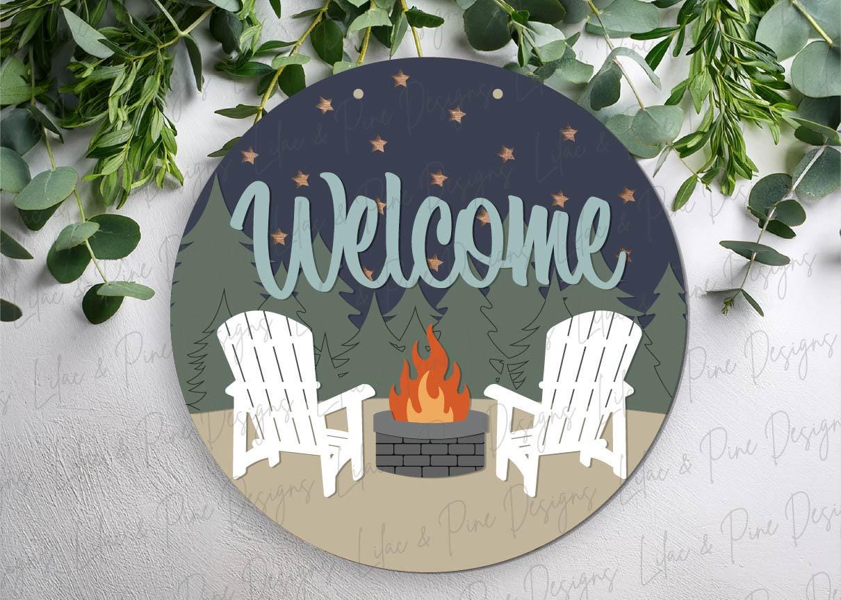welcome fire pit sign SVG, camping SVG, welcome camper sign, campfire svg, round patio sign, Glowforge Svg, laser cut file, Cricut SVG