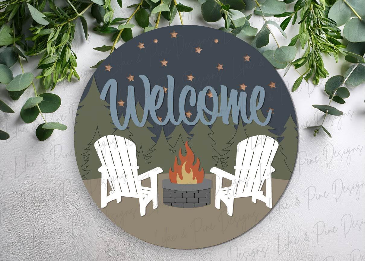 welcome fire pit sign SVG, camping SVG, welcome camper sign, campfire svg, round patio sign, Glowforge Svg, laser cut file, Cricut SVG