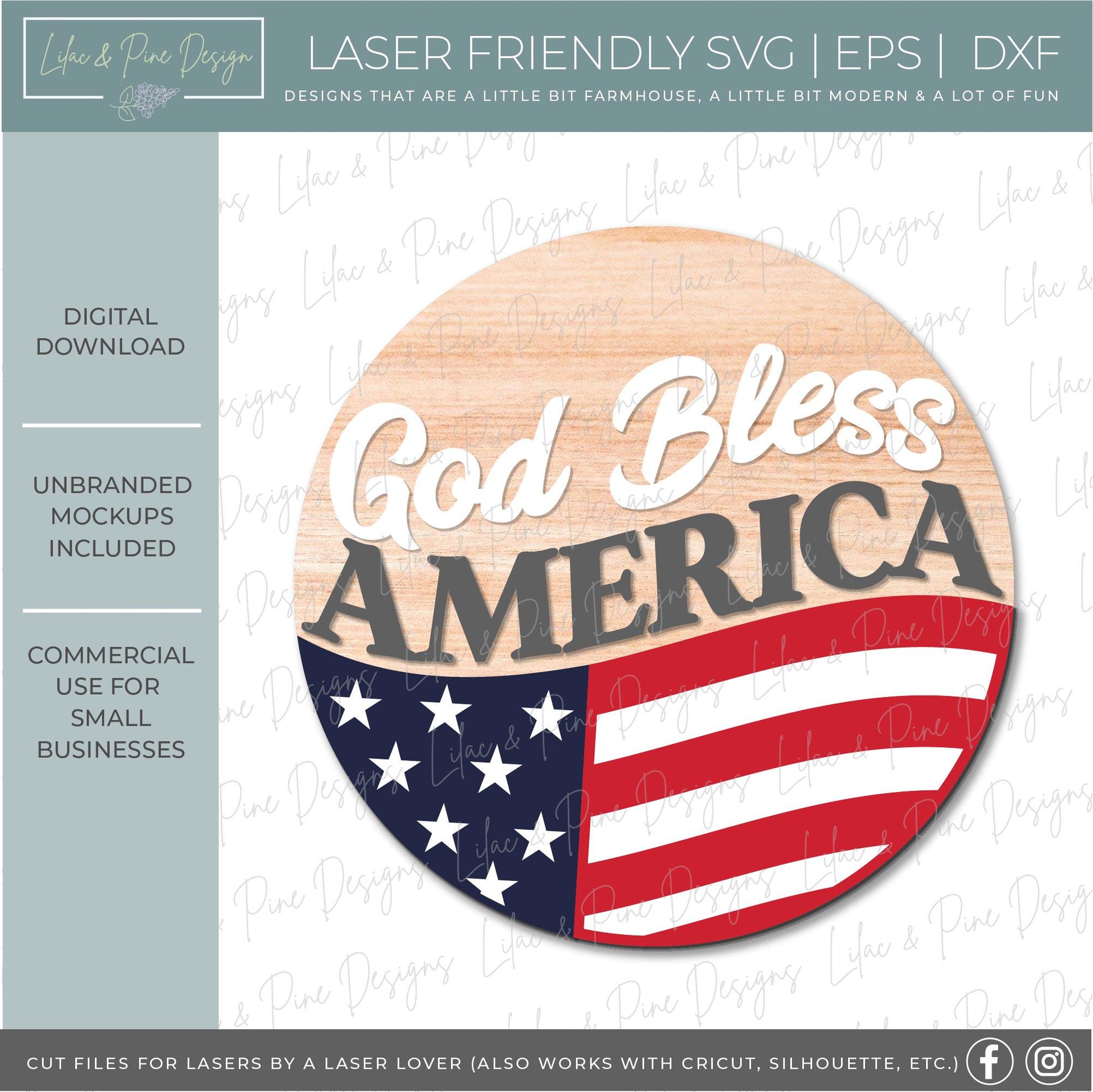 God Bless America door hanger SVG, US flag welcome sign svg, patriotic round sign, 4th of July sign, Glowforge, laser cut file, Cricut SVG