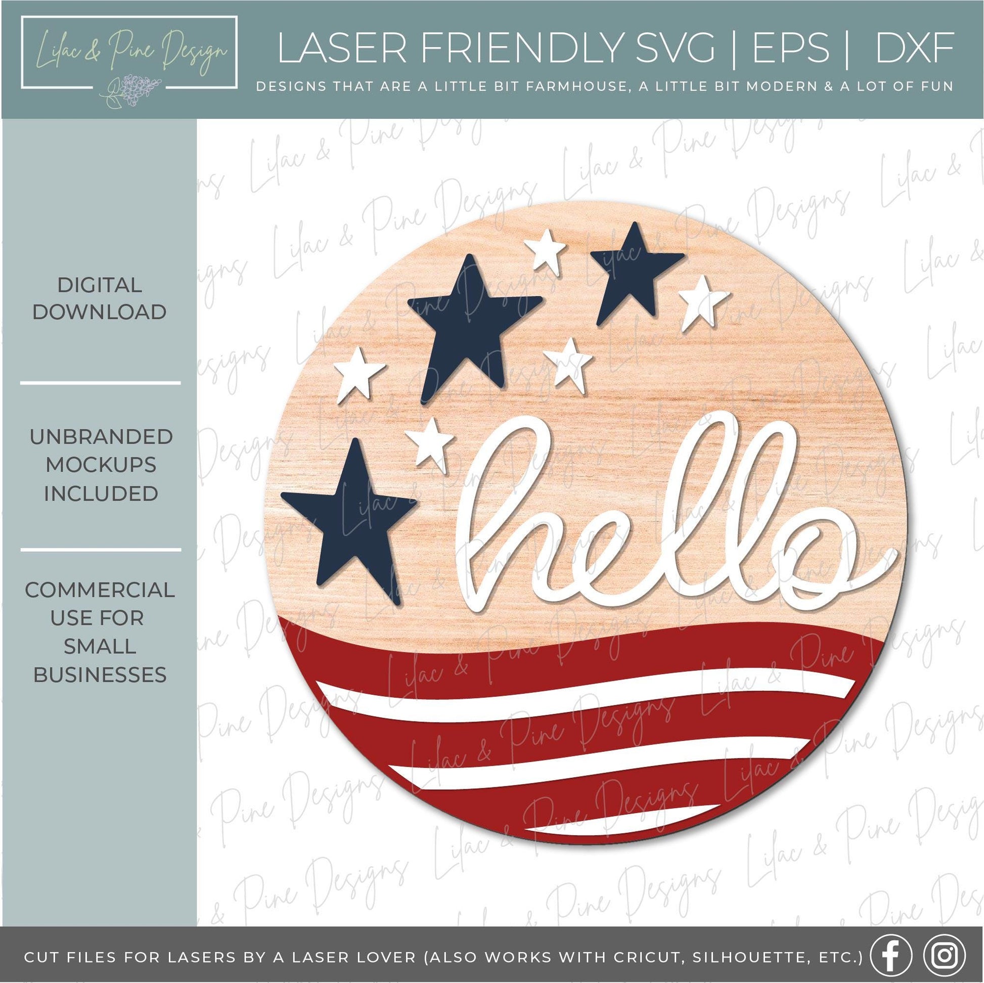 4th of July welcome sign SVG, Stars and Stripes sign svg, patriotic round sign, hello door hanger SVG, Glowforge, laser cut file, Cricut SVG