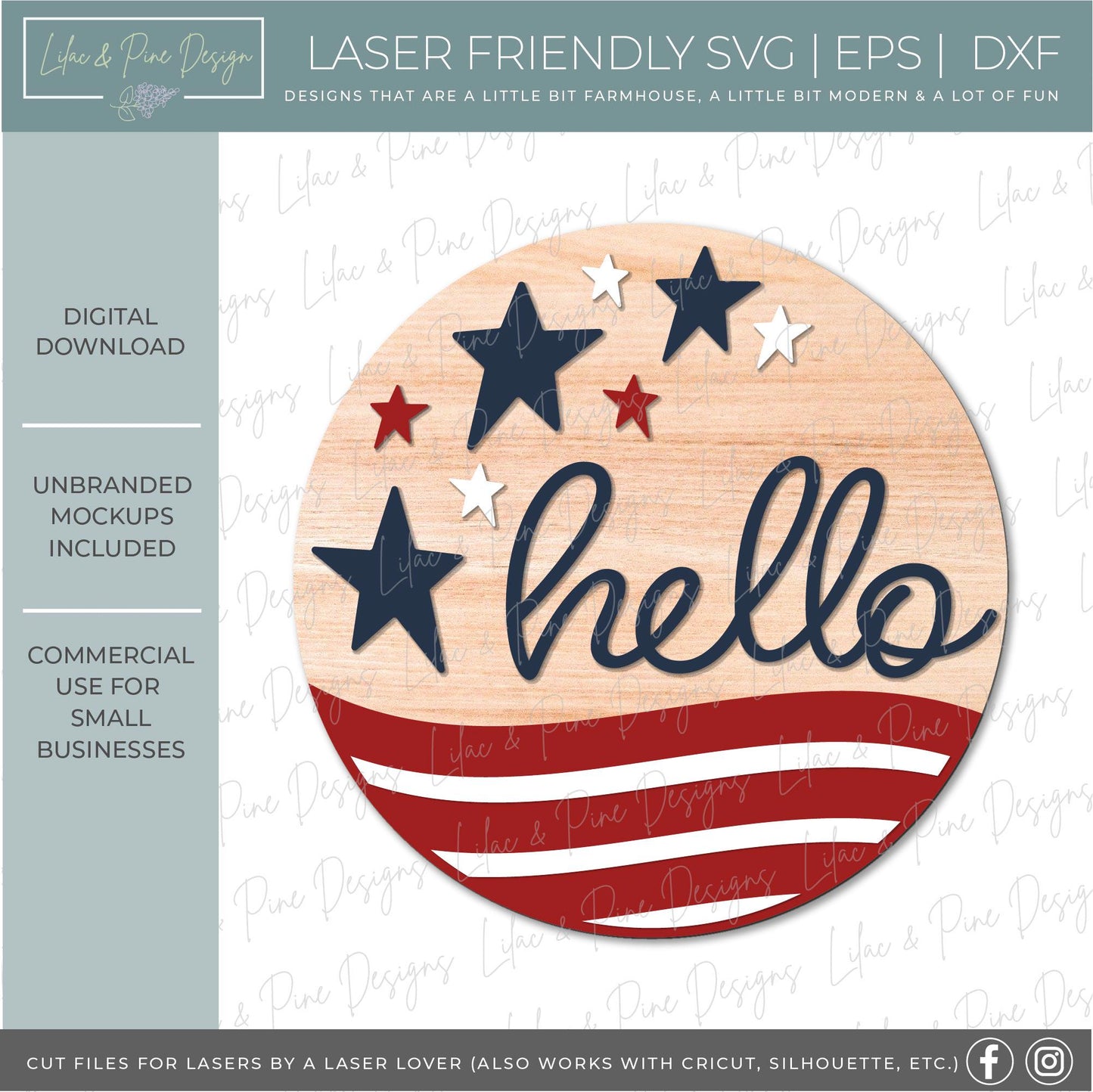 4th of July welcome sign SVG, Stars and Stripes sign svg, patriotic round sign, hello door hanger SVG, Glowforge, laser cut file, Cricut SVG