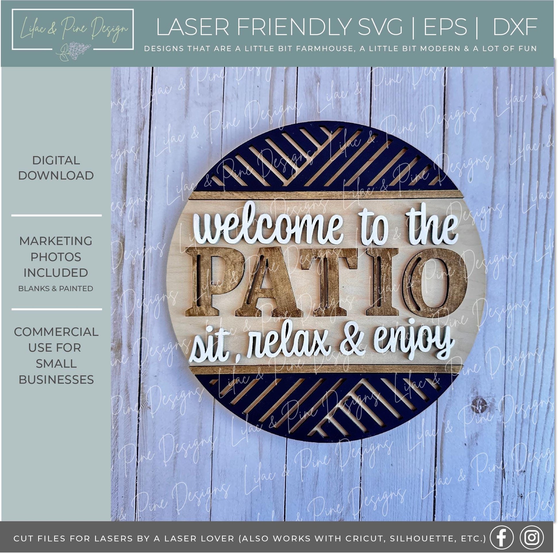 Welcome to the Patio door hanger SVG - Laser Cut Round welcome Sign File - Sit Relax and Enjoy Summer Decor - Cricut SVG - Glowforge ready