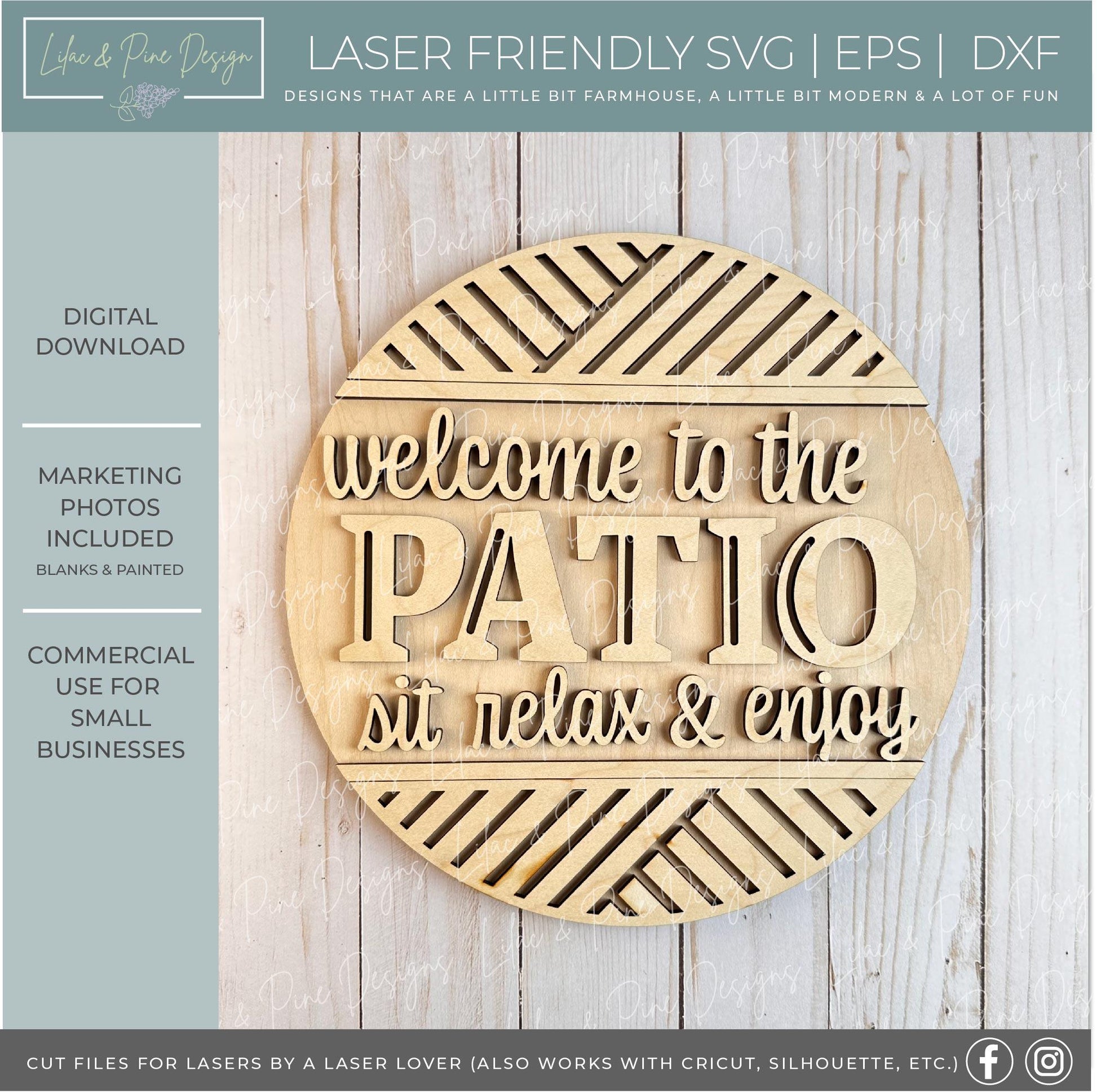 Welcome to the Patio door hanger SVG - Laser Cut Round welcome Sign File - Sit Relax and Enjoy Summer Decor - Cricut SVG - Glowforge ready