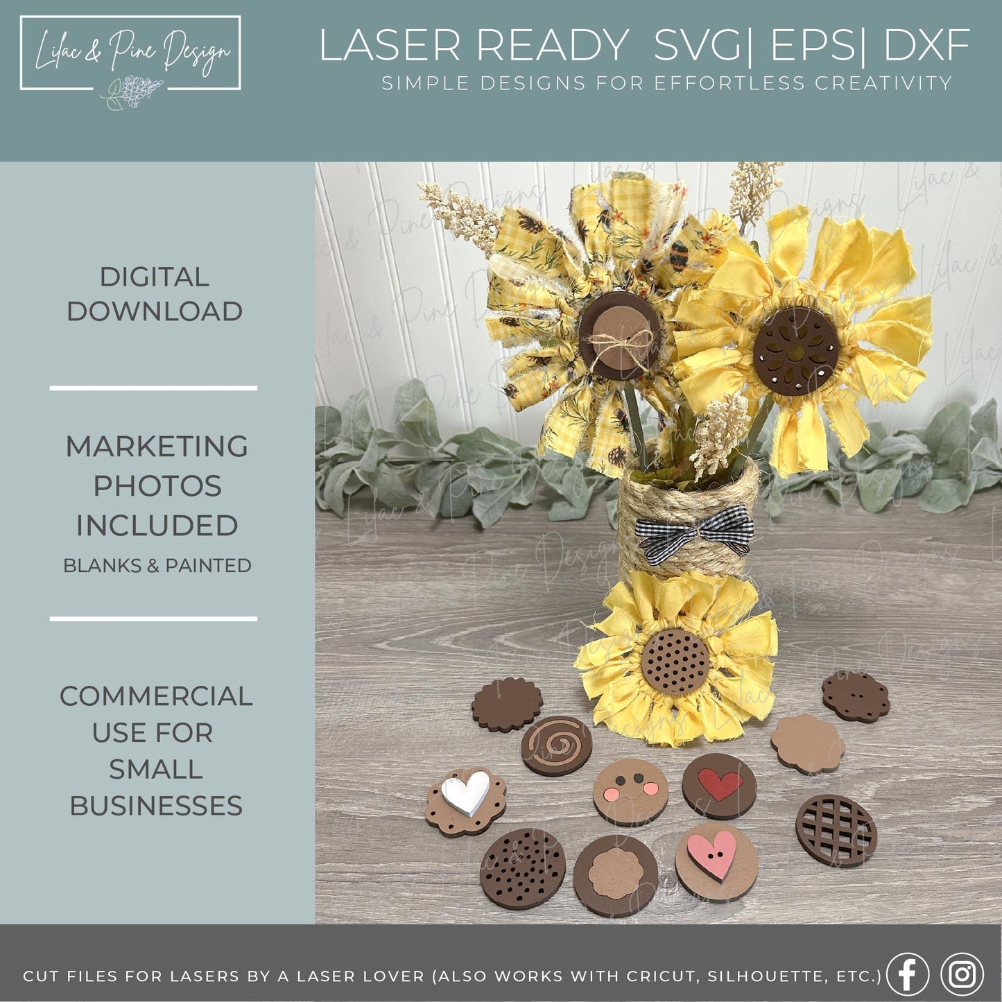Mix and Match Sunflower Bundle - Primitive flower project SVG - Laser Ready Cut Files - Fall Rustic floral SVG - XTool or Glowforge Svg