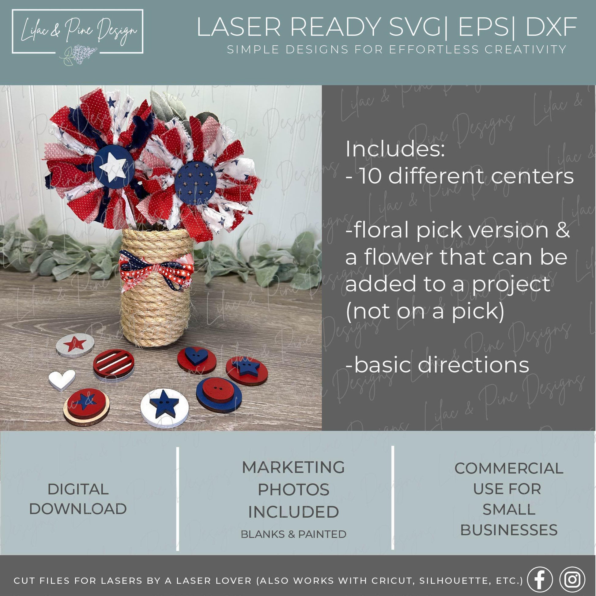 Mix and Match Patriotic Flower Bundle - Primitive 4th of July project SVG - Rustic Americana floral SVG - laser cut file - Glowforge SVG