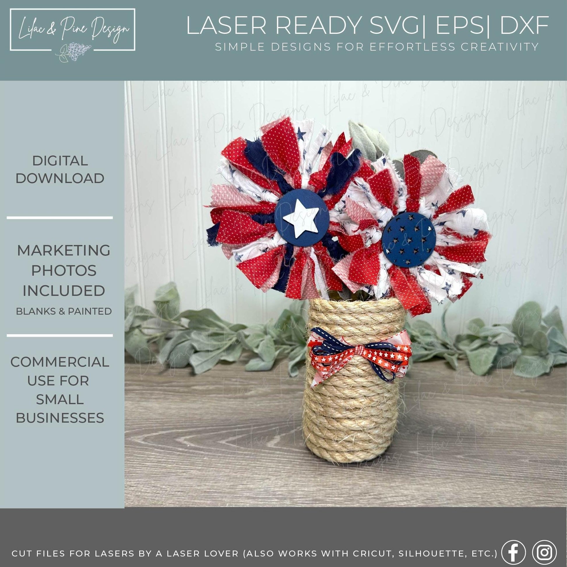 Mix and Match Patriotic Flower Bundle - Primitive 4th of July project SVG - Rustic Americana floral SVG - laser cut file - Glowforge SVG