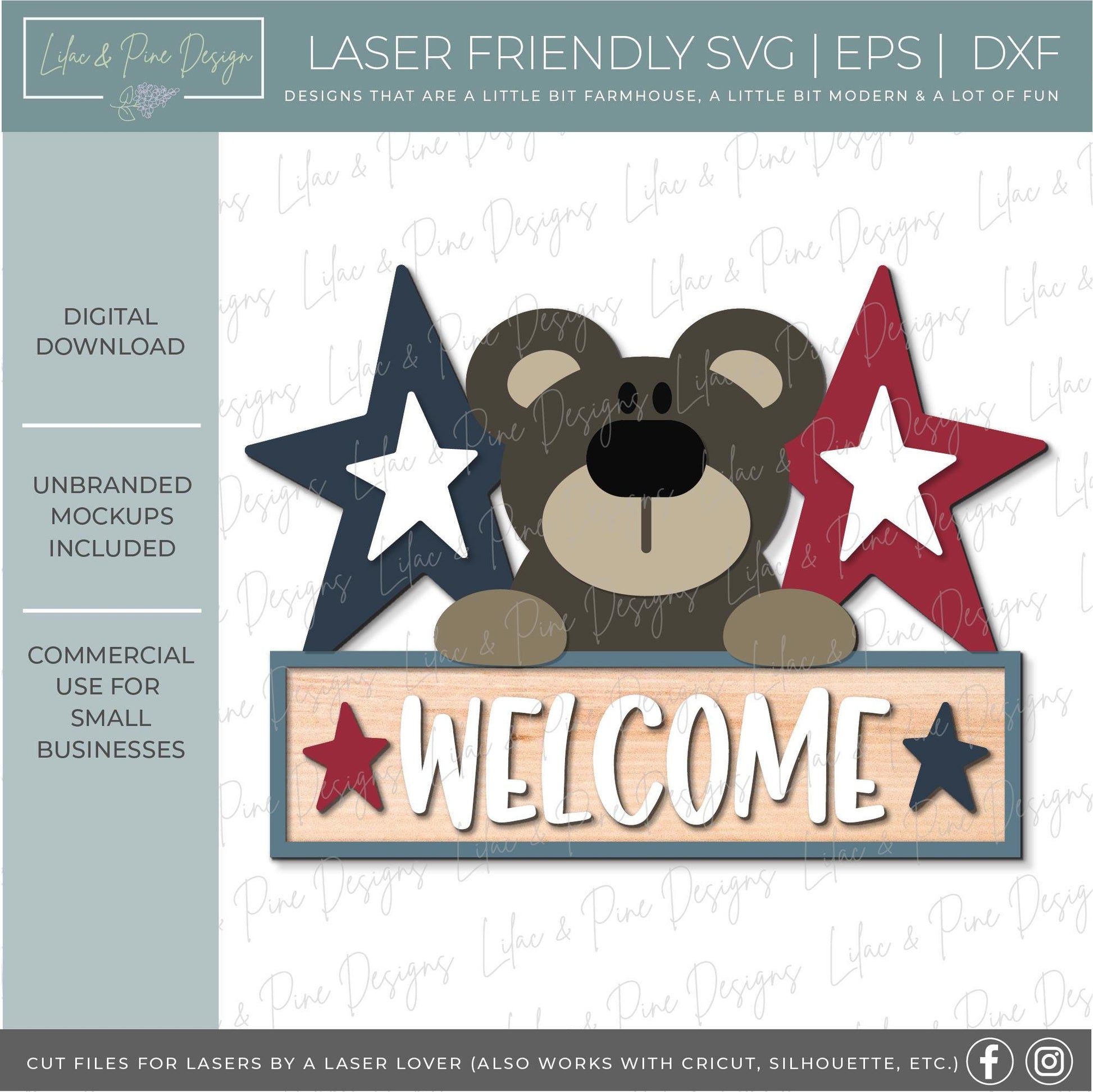 4th of July welcome sign SVG, patriotic bear sign svg, folk art style Independence Day sign SVG, door hanger SVG, Glowforge, laser cut file