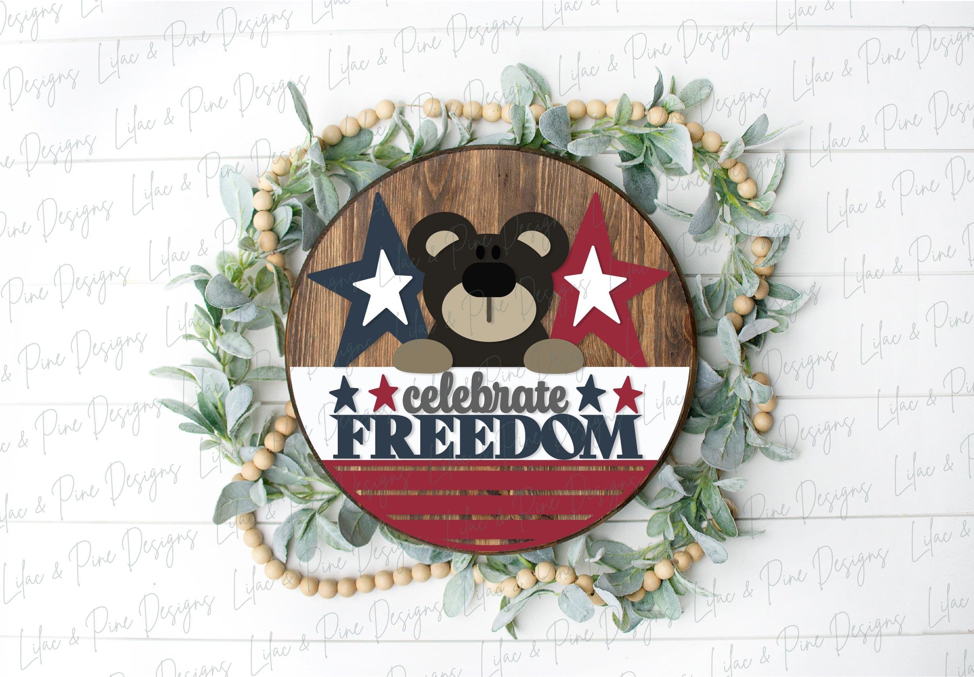 4th of July welcome sign, patriotic bear SVG, folk art, celebrate freedom SVG, Independence Day door hanger SVG, Glowforge, laser cut file