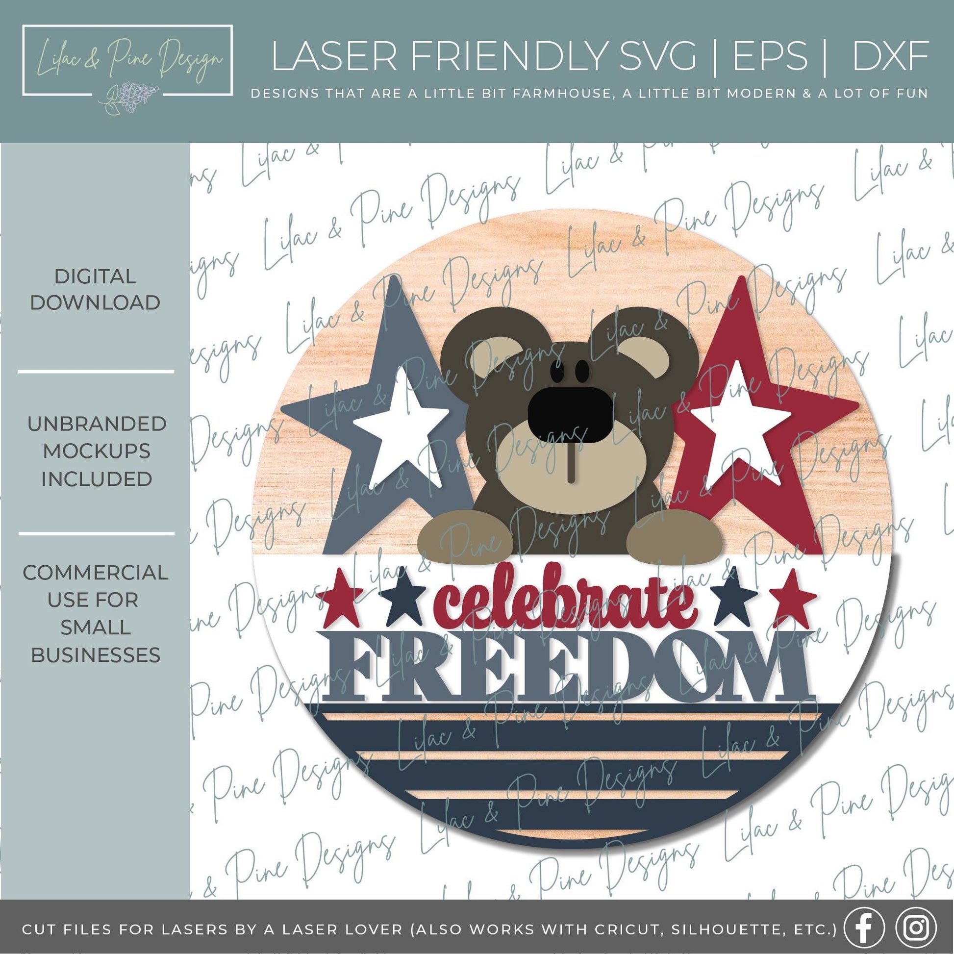 4th of July welcome sign, patriotic bear SVG, folk art, celebrate freedom SVG, Independence Day door hanger SVG, Glowforge, laser cut file