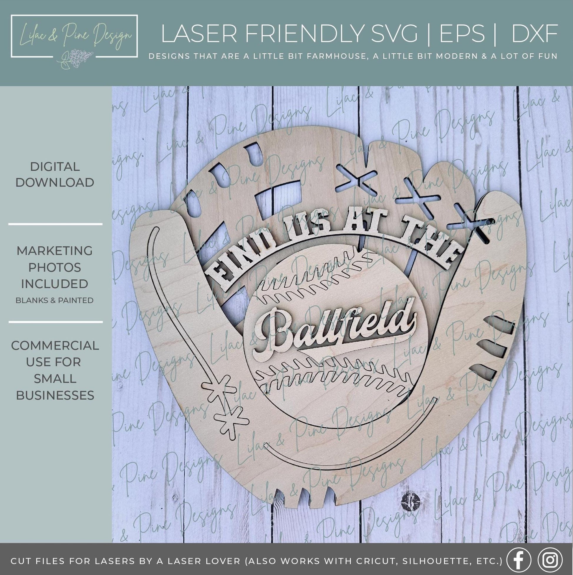 Find us at the Ball field SVG, Baseball welcome sign, ball and glove door hanger, Glowforge SVG, ball park sign, door hanger, laser cut file