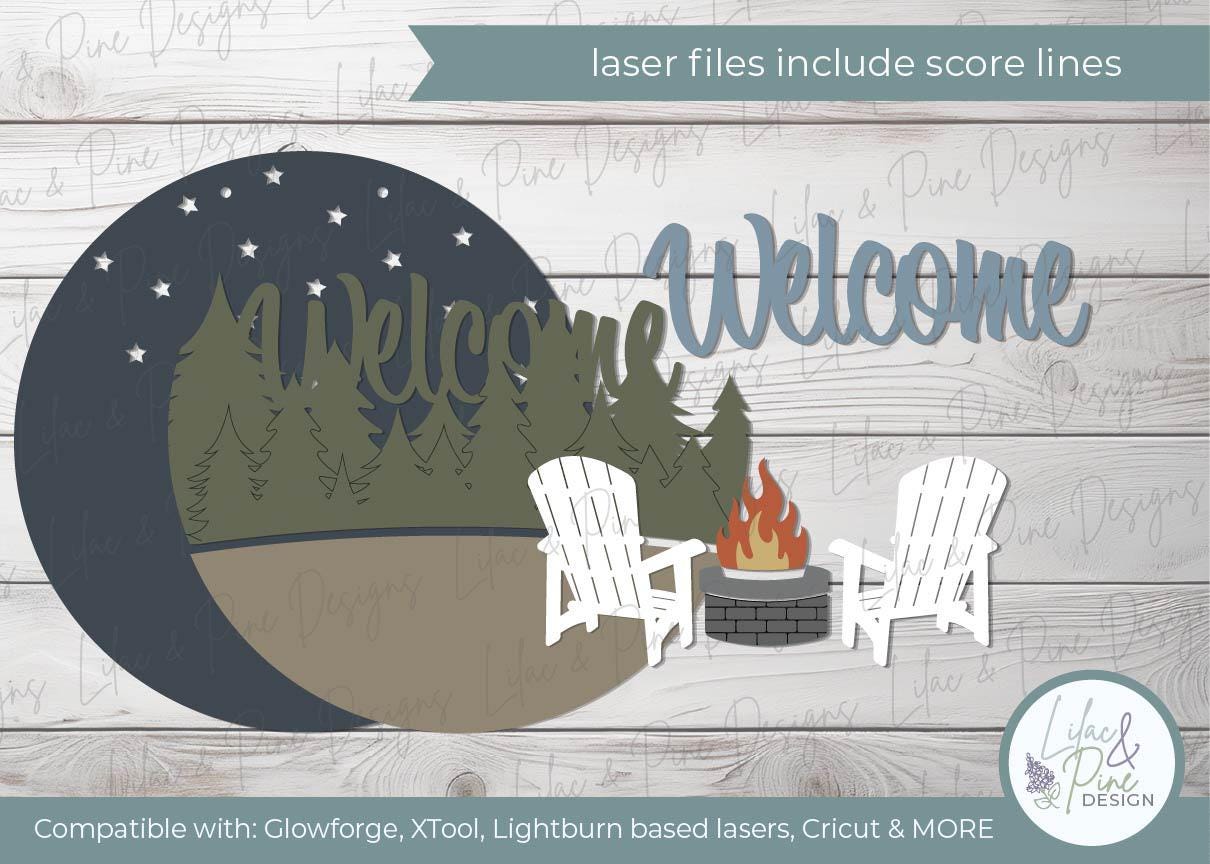 welcome fire pit sign SVG, camping SVG, welcome camper sign, campfire svg, round patio sign, Glowforge Svg, laser cut file, Cricut SVG