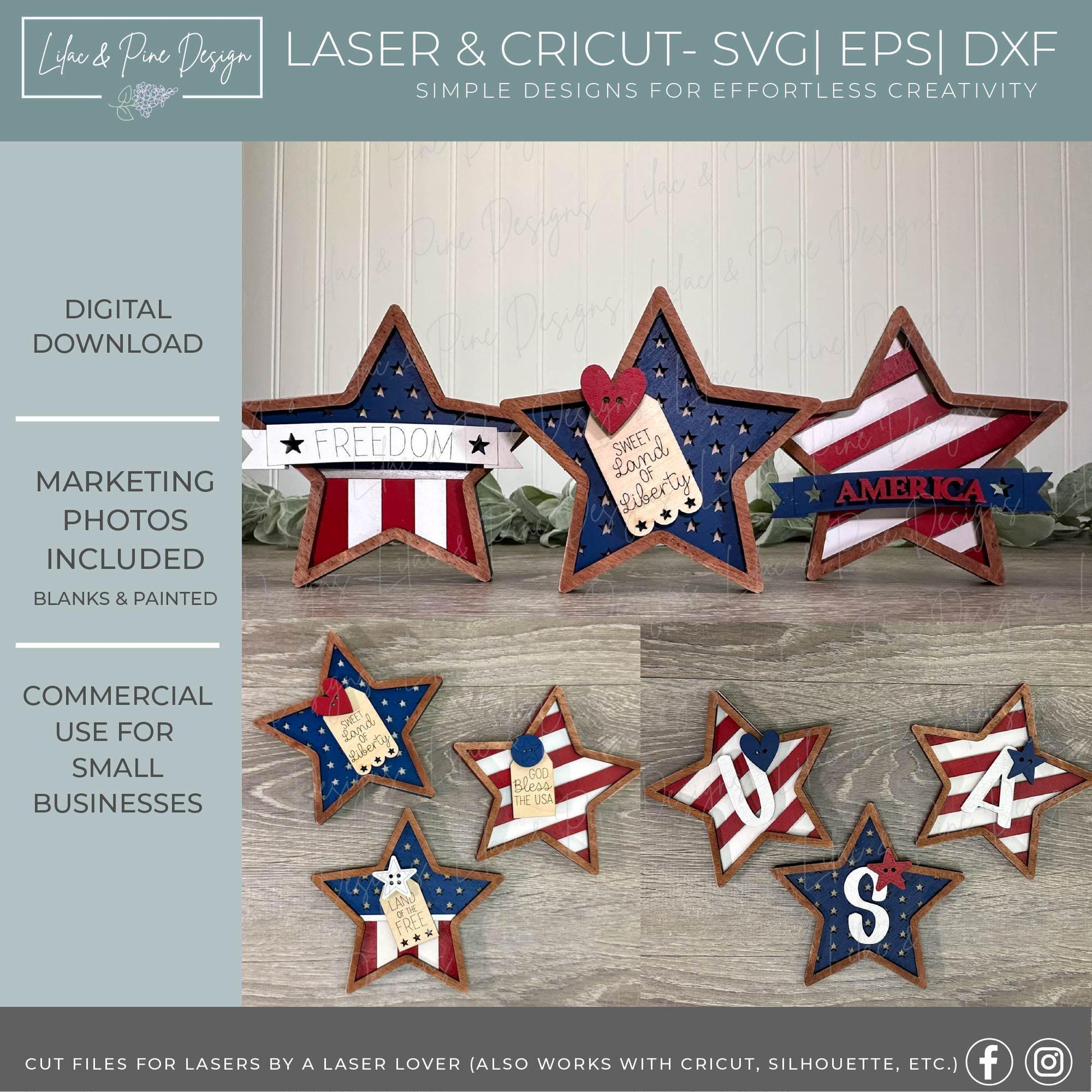 Mix & Match Chunky Star Shelf Sitter Bundle SVG - 4th of July Laser Ready Cut Files - Patriotic DIY Decor Bundle - Independence Day project
