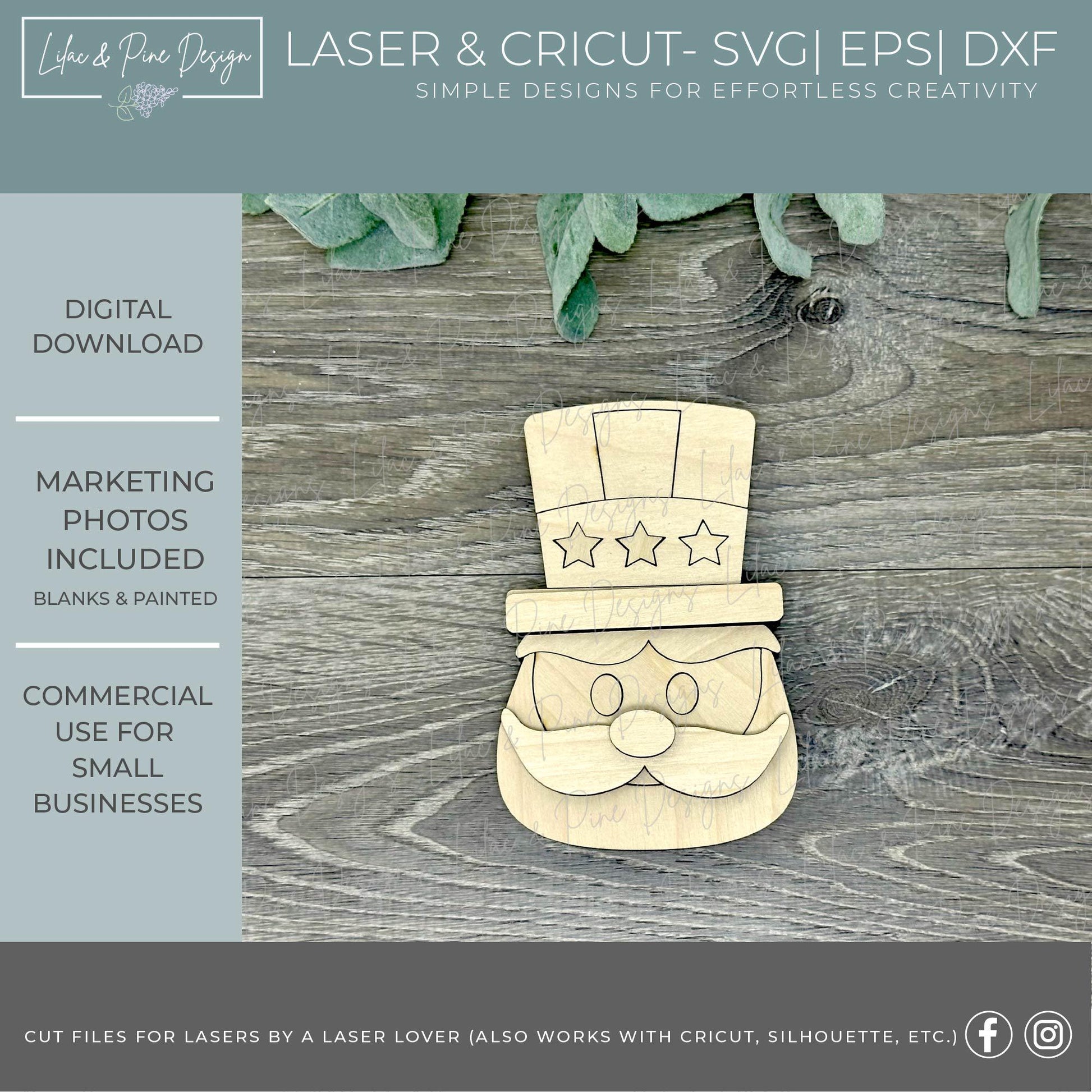 Laser Ready Uncle Sam Shelf Sitter SVG - Chunky Patriotic shelf sitter for Glowforge - 4th of July Pattern for Paint Kit - Americana decor