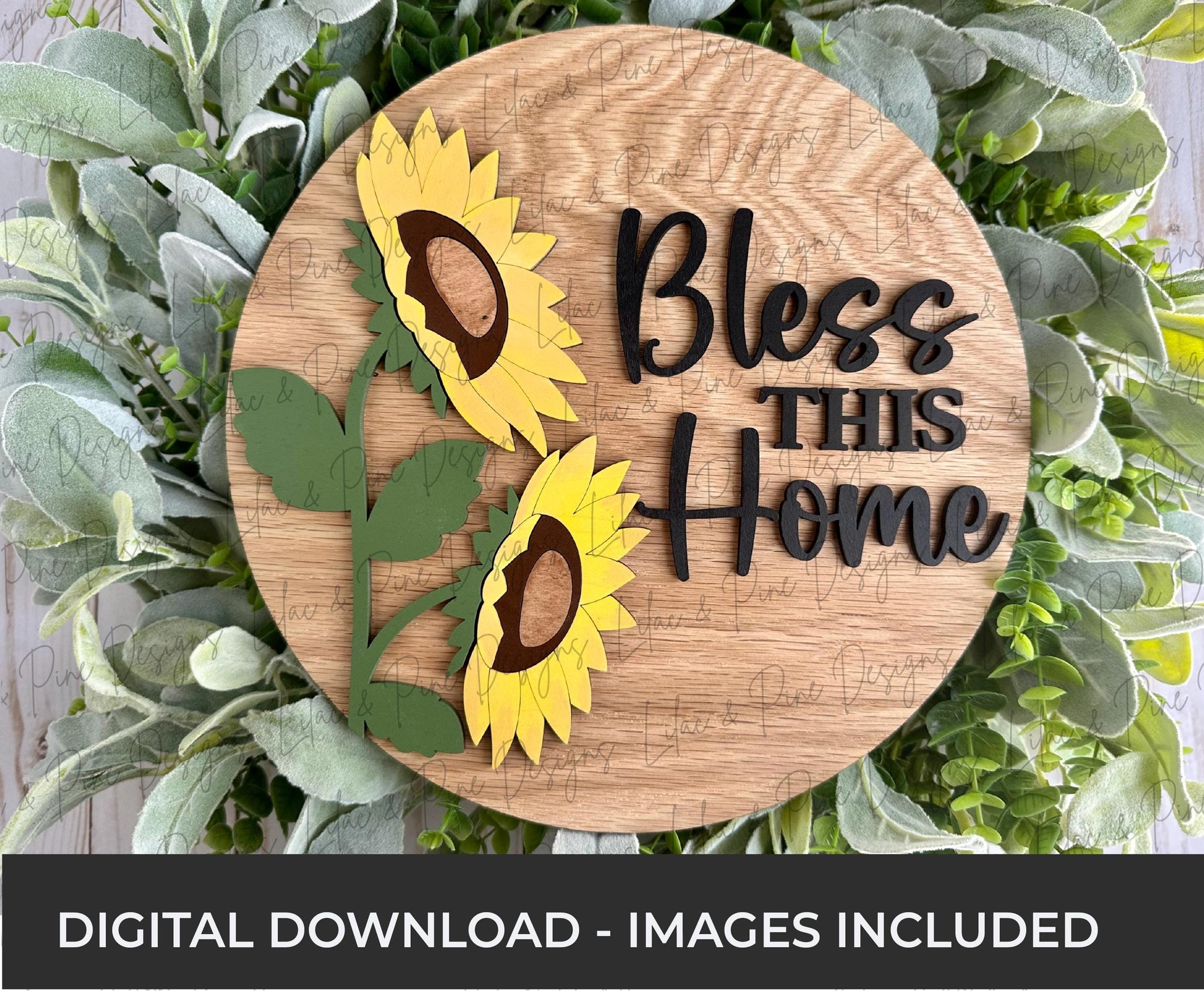 Realistic Sunflower Welcome sign - Round Door Hanger SVG - Hello SVG - Bless This Home Laser Cut File - digital download for Cricut or laser