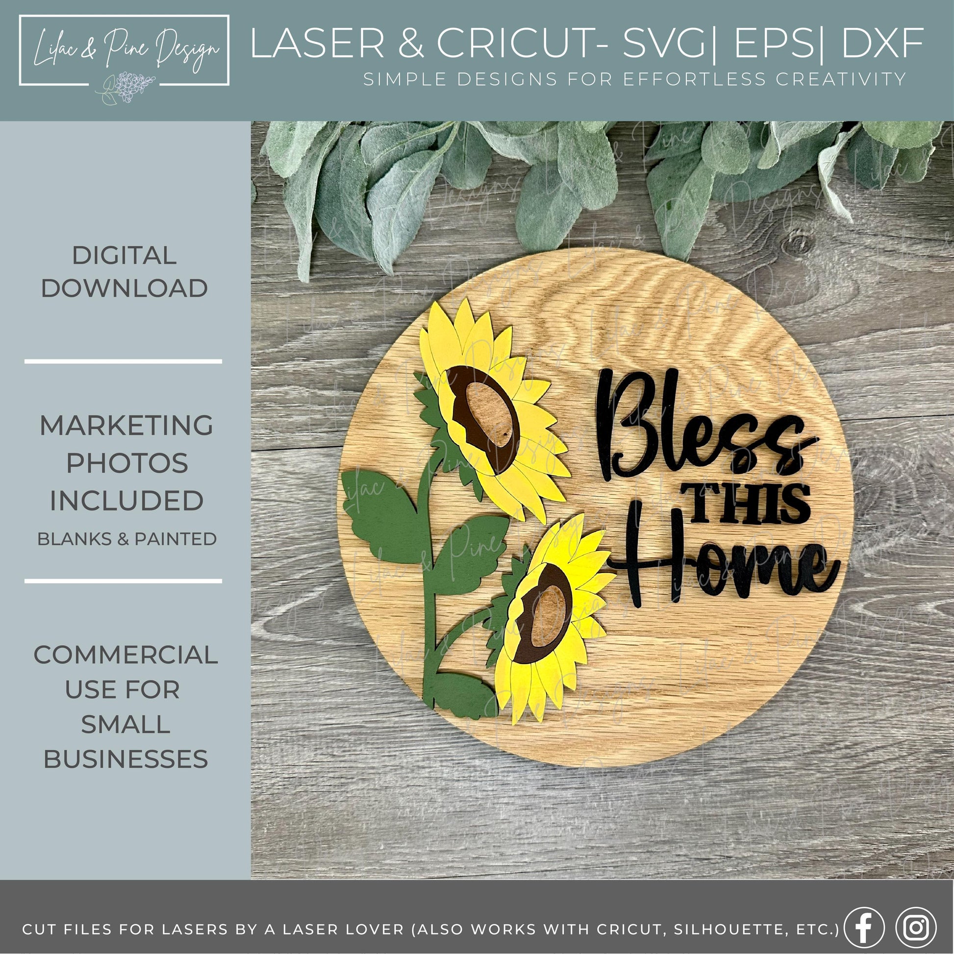 Realistic Sunflower Welcome sign - Round Door Hanger SVG - Hello SVG - Bless This Home Laser Cut File - digital download for Cricut or laser
