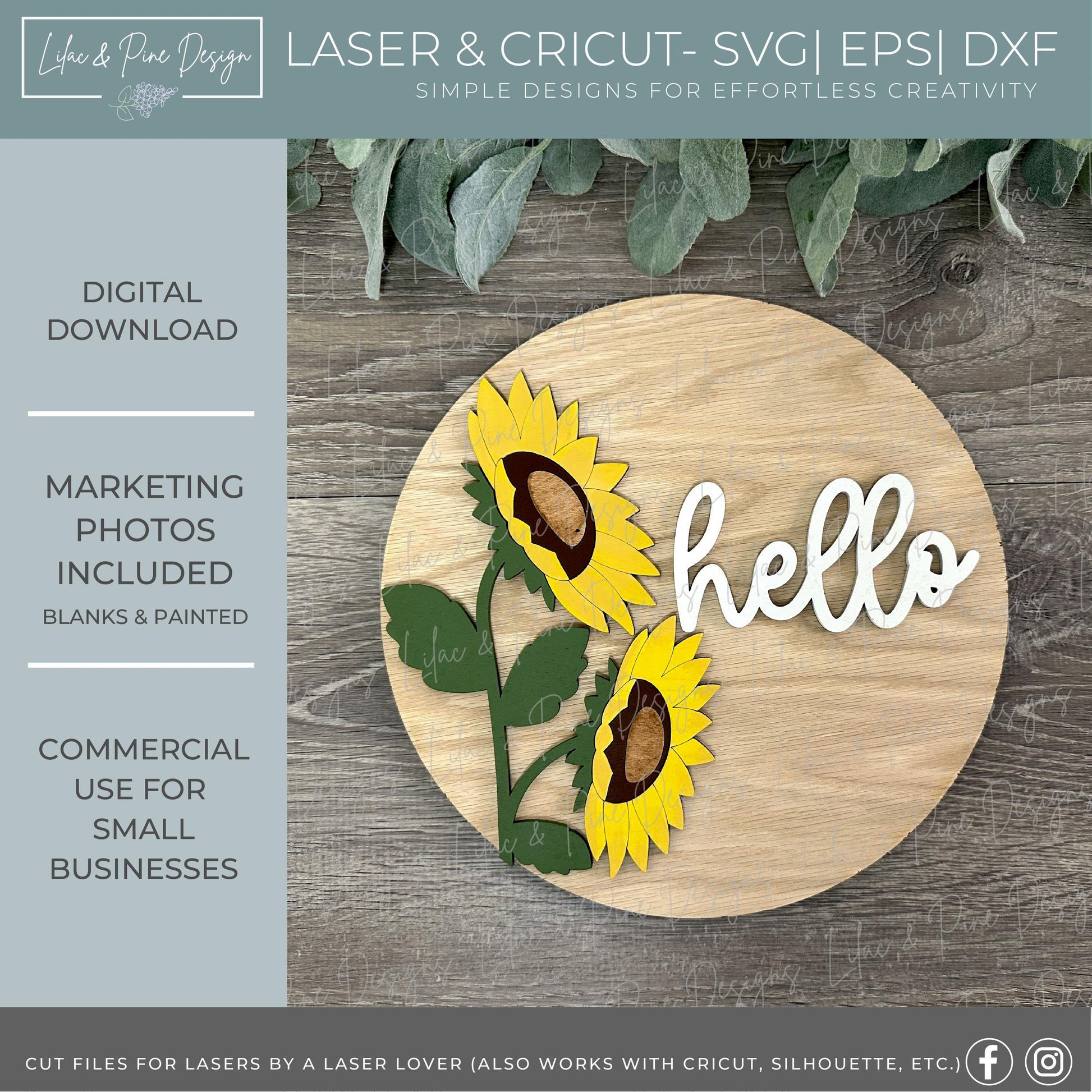 Realistic Sunflower Welcome sign - Round Door Hanger SVG - Hello SVG - Bless This Home Laser Cut File - digital download for Cricut or laser