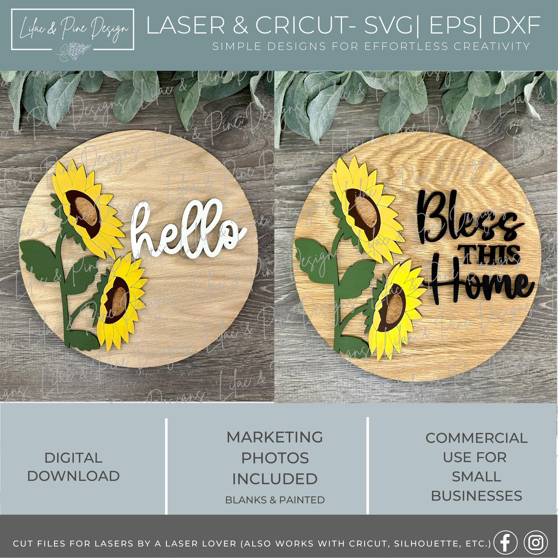 Realistic Sunflower Welcome sign - Round Door Hanger SVG - Hello SVG - Bless This Home Laser Cut File - digital download for Cricut or laser