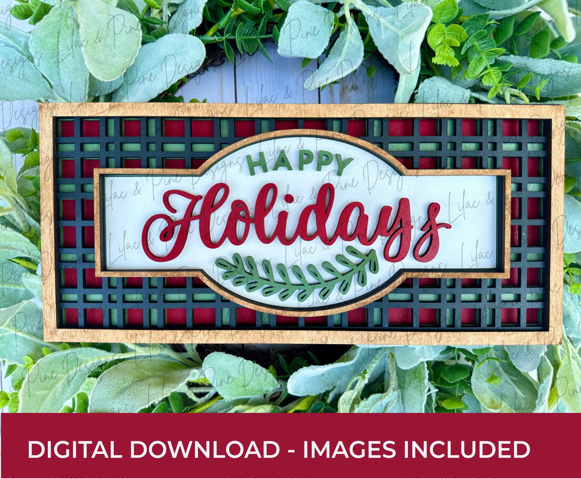 Plaid Christmas sign SVG - Merry Christmas shelf sitter - Happy Holidays SVG - Holiday decor - laser cut files - digital download