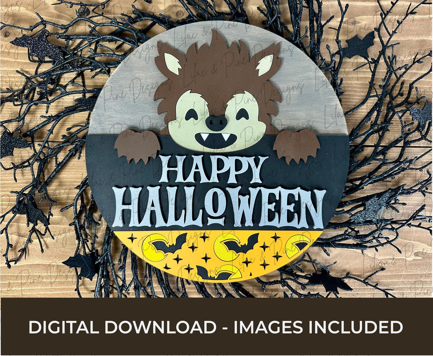Cute Werewolf door hanger SVG - Happy Halloween door hanger - Happy Howl o ween SVG - bat patterned welcome sign - laser cut files - Cricut