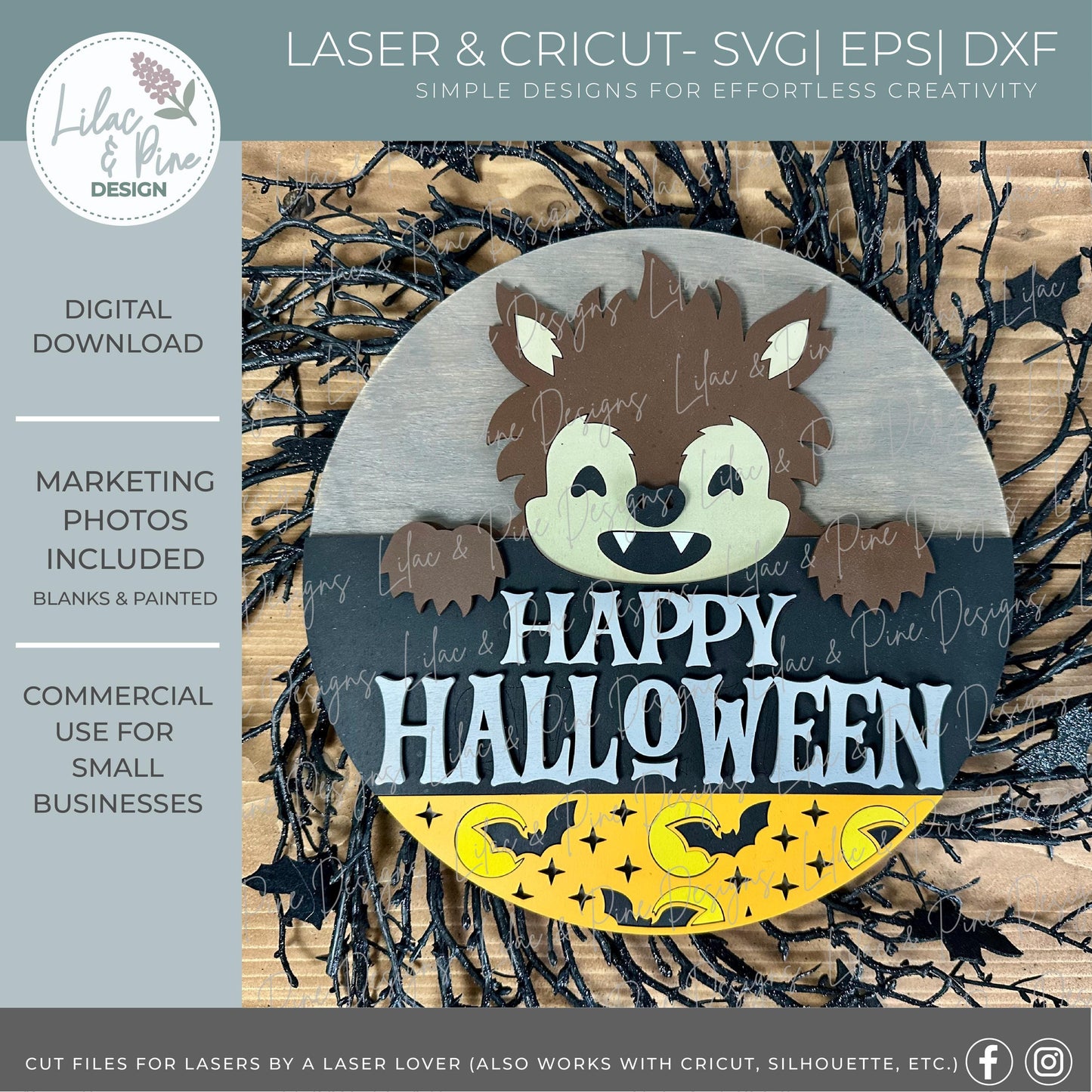 Cute Werewolf door hanger SVG - Happy Halloween door hanger - Happy Howl o ween SVG - bat patterned welcome sign - laser cut files - Cricut