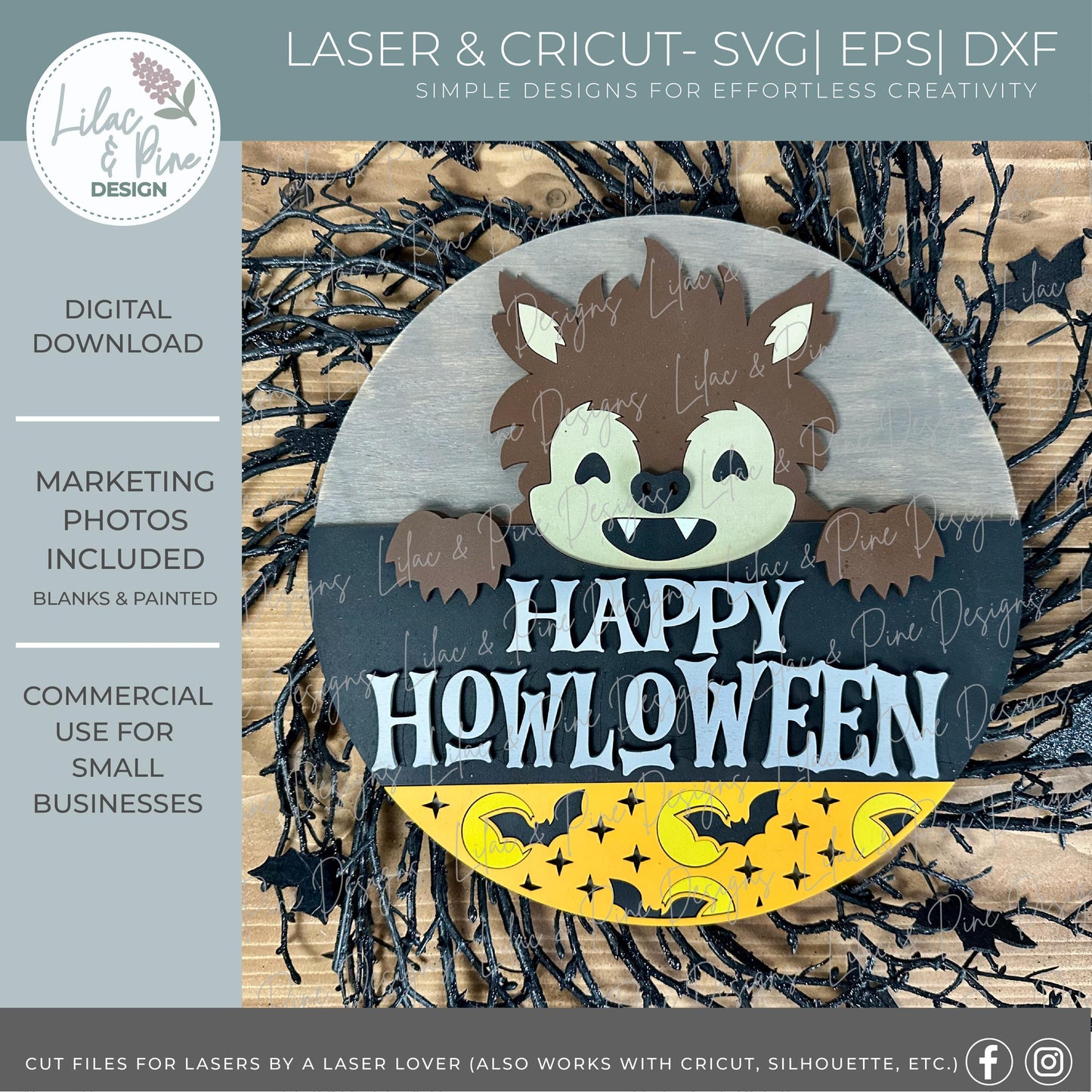 Cute Werewolf door hanger SVG - Happy Halloween door hanger - Happy Howl o ween SVG - bat patterned welcome sign - laser cut files - Cricut