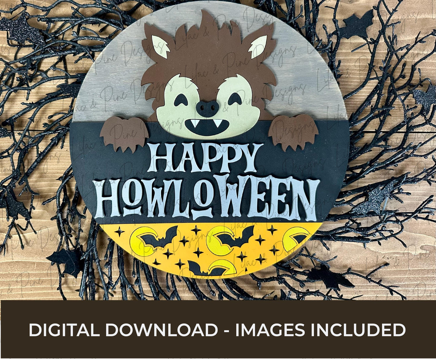 Cute Werewolf door hanger SVG - Happy Halloween door hanger - Happy Howl o ween SVG - bat patterned welcome sign - laser cut files - Cricut