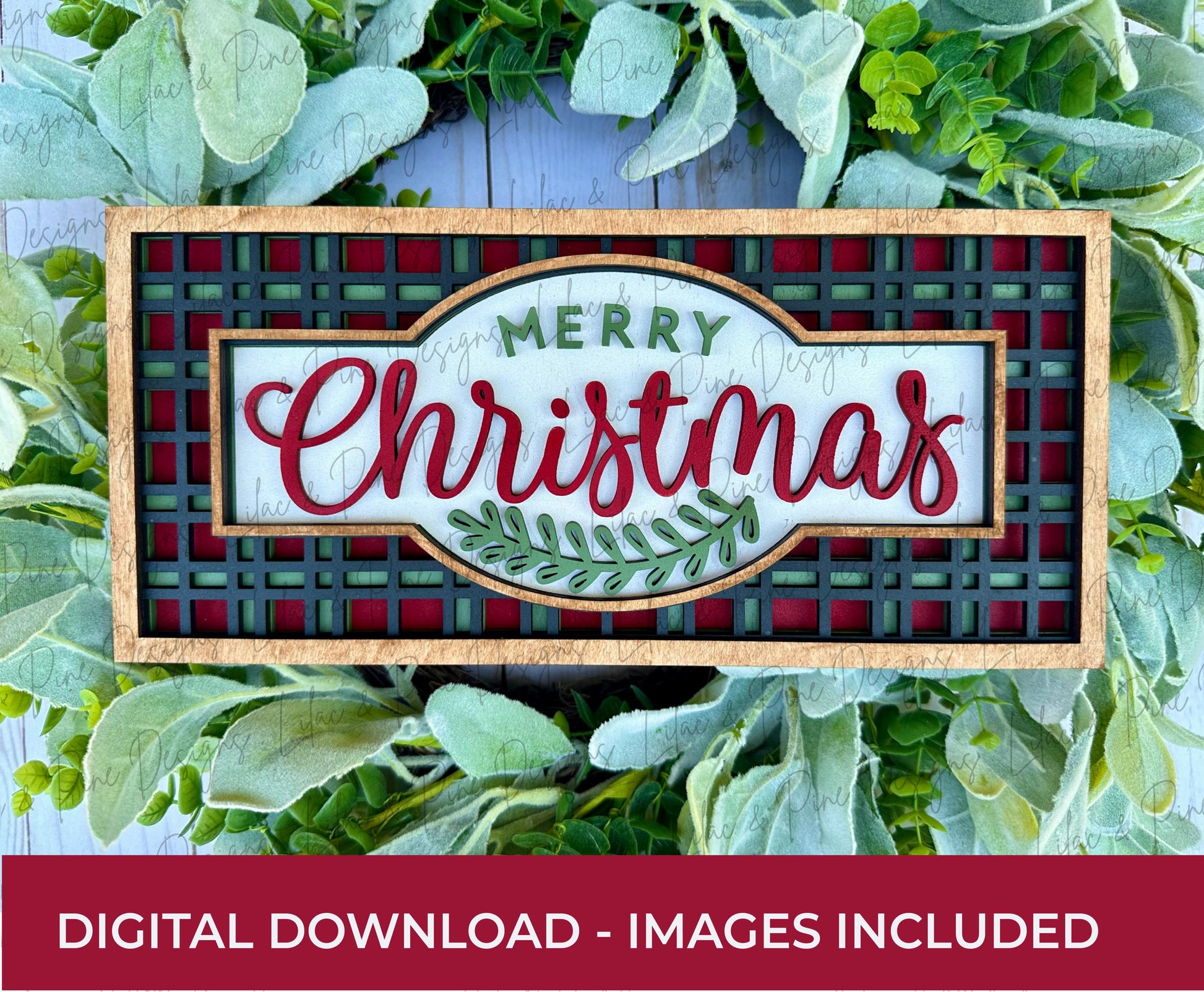 Plaid Christmas sign SVG - Merry Christmas shelf sitter - Happy Holidays SVG - Holiday decor - laser cut files - digital download