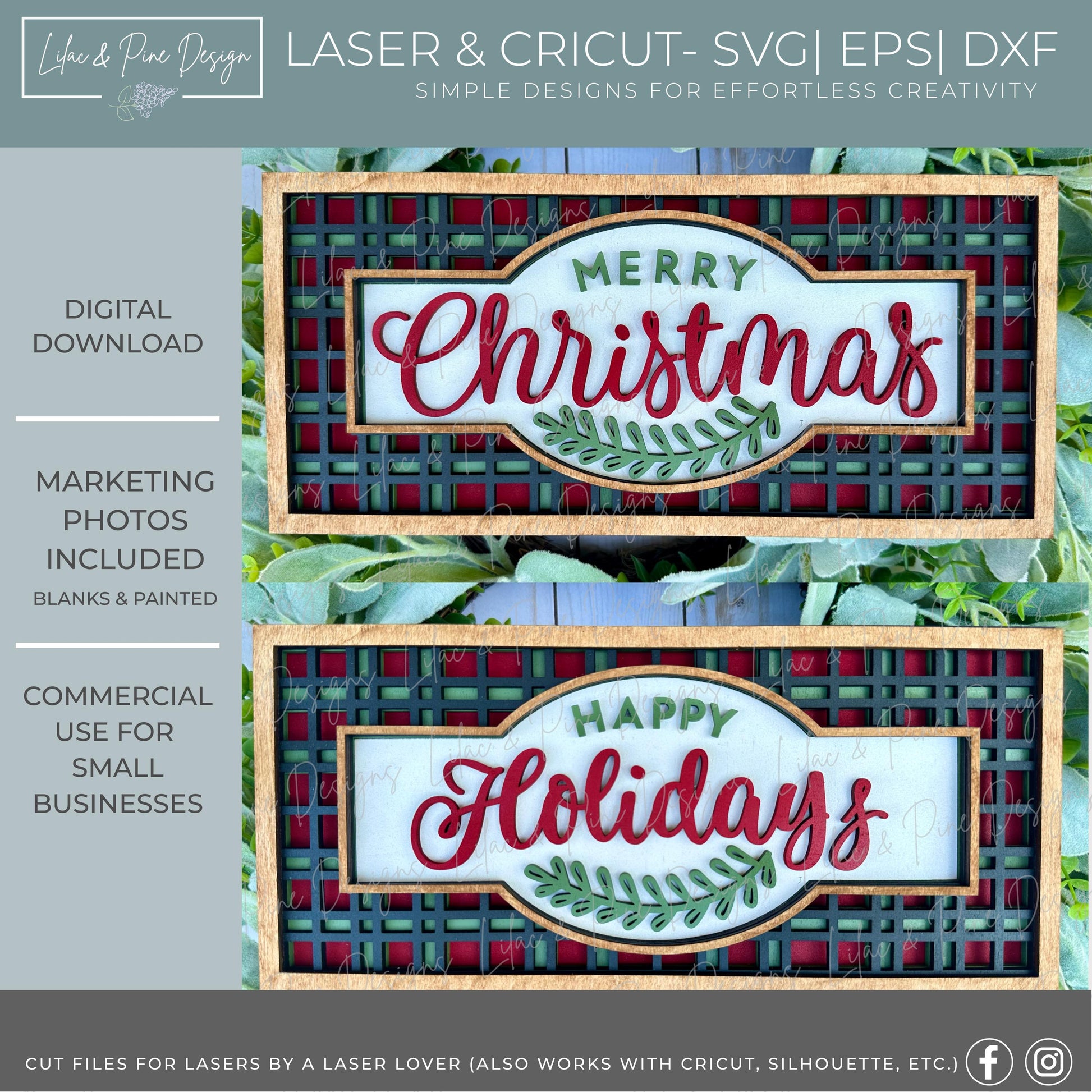 Plaid Christmas sign SVG - Merry Christmas shelf sitter - Happy Holidays SVG - Holiday decor - laser cut files - digital download