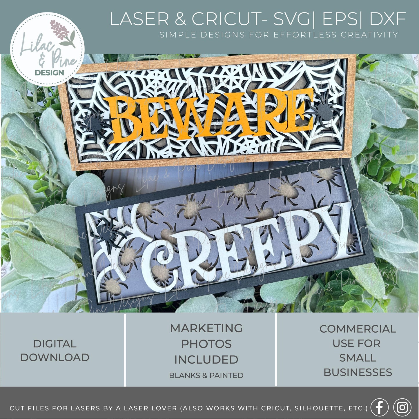 Halloween mini sign bundle SVG - Halloween shelf sitter - Beware spiderweb SVG - Creepy Spider sign - spooky SVG - laser cut files
