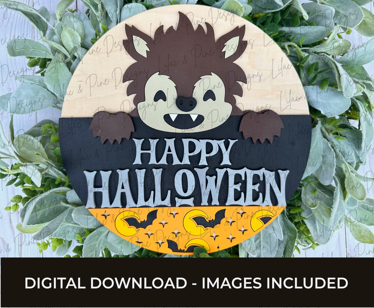 Cute Werewolf door hanger SVG - Happy Halloween door hanger - Happy Howl o ween SVG - bat patterned welcome sign - laser cut files - Cricut