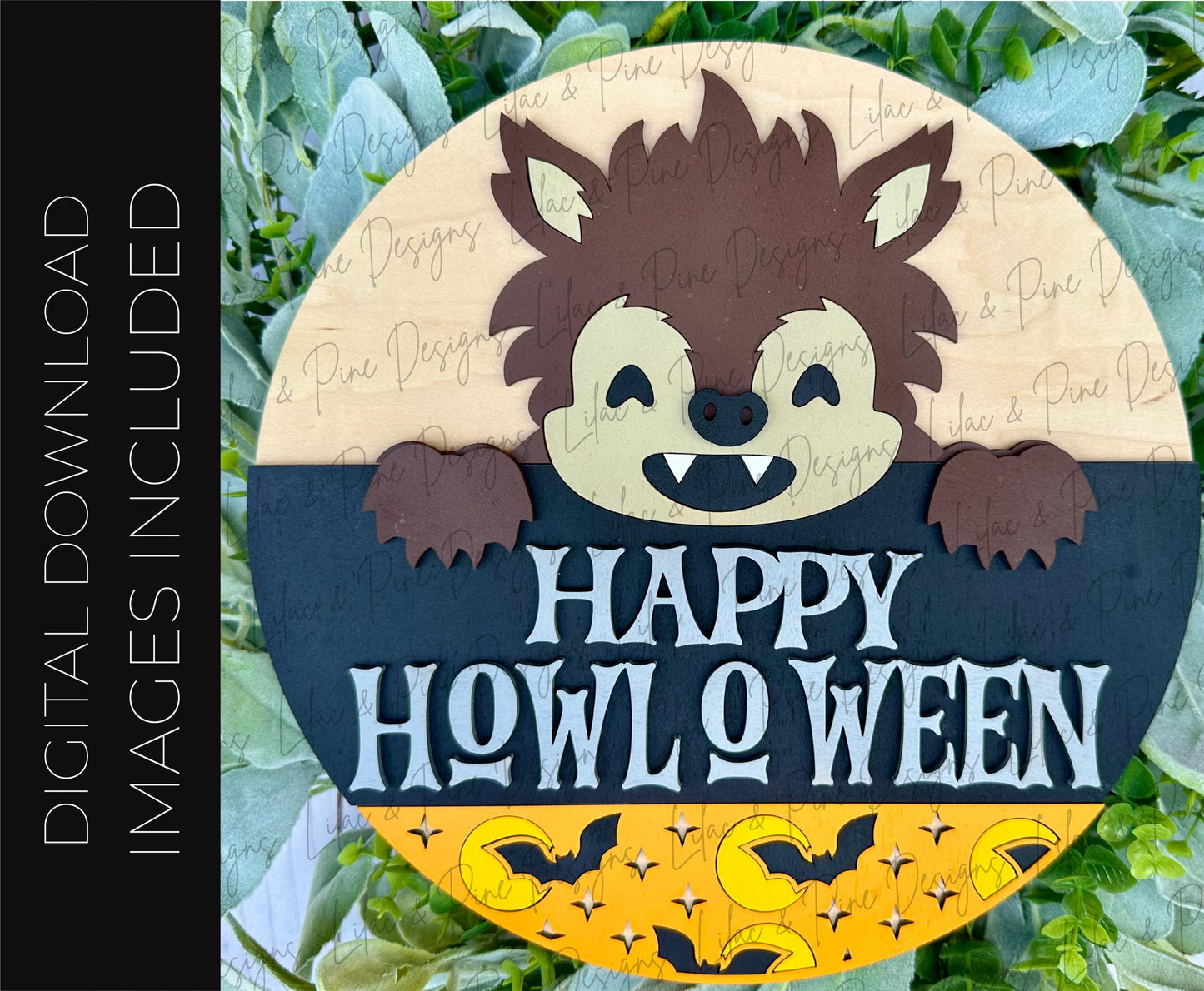 Cute Werewolf door hanger SVG - Happy Halloween door hanger - Happy Howl o ween SVG - bat patterned welcome sign - laser cut files - Cricut